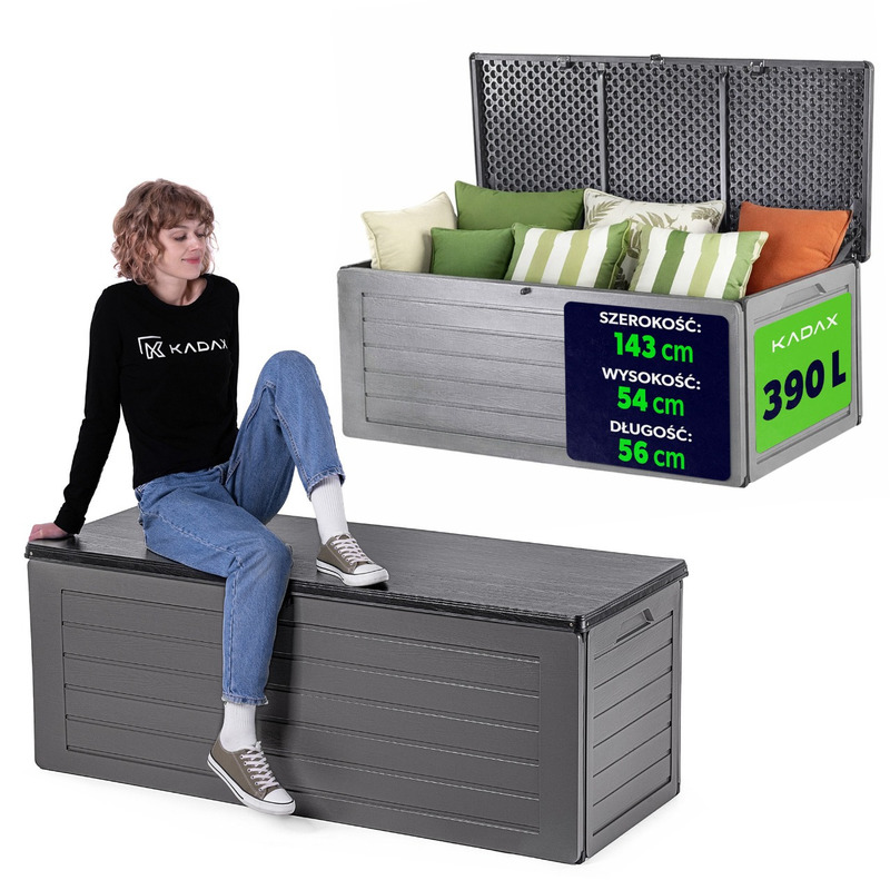 Kadax Garden Box 390 L, 143x56x54 Cm, Chest For , Seat 100 Kg, Cushion Storage, Grey Polypropylene, Lock