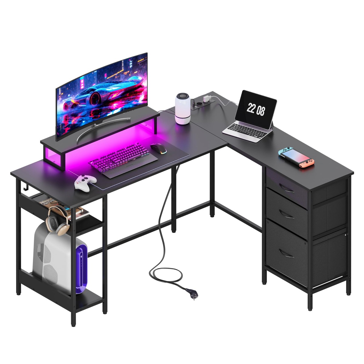 TEMU Eckschreibtisch L-Form mit Schubladen, Schreibtisch mit Steckdose und USB-Ladeanschluss, 150 cm/142 cm L Tisch in Schwarz, geräumige