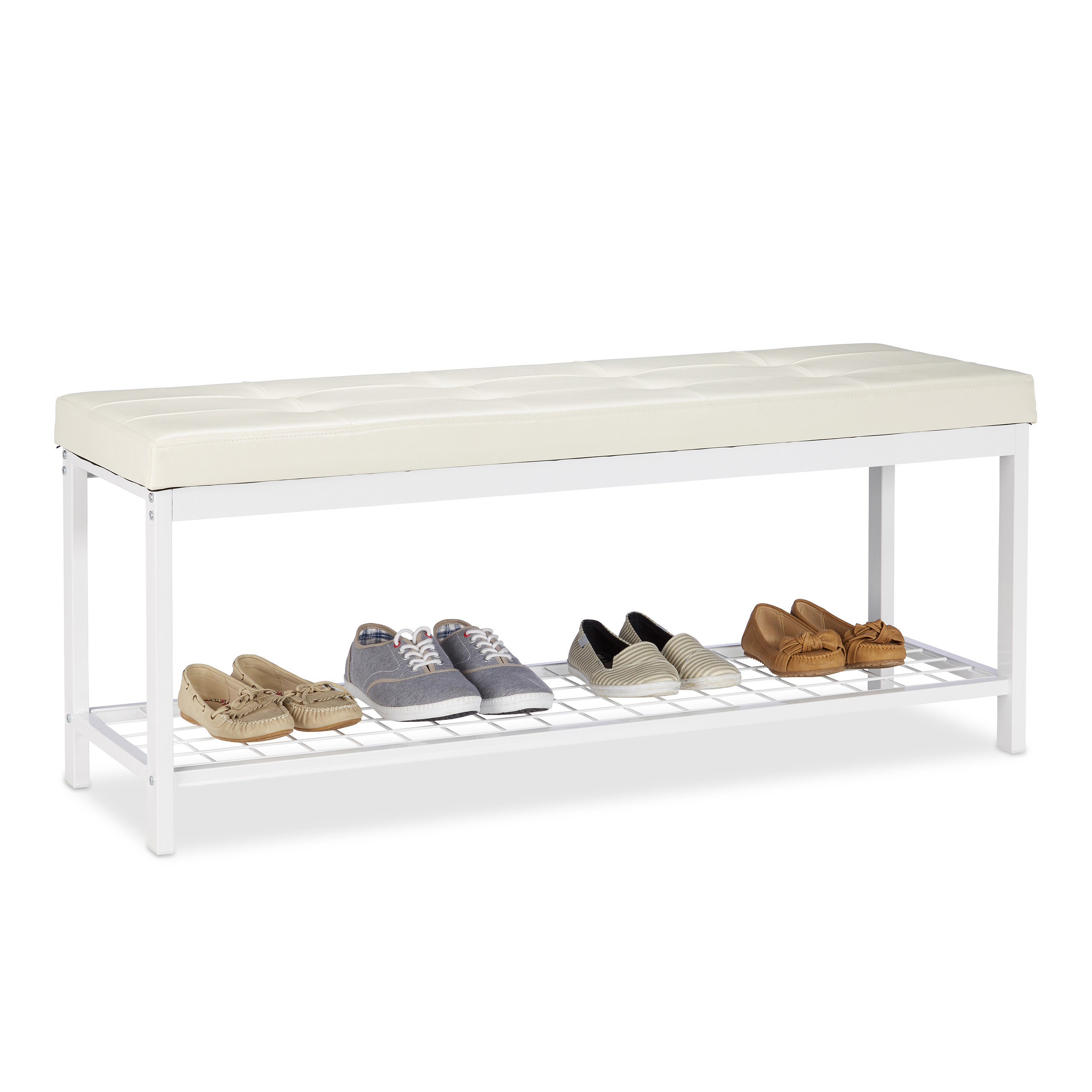 TEMU Panca portascarpe XXL, seduta imbottita, 49 x 115 x 40 cm, similpelle, metallo e MDF, bianco, ripiano a griglia , portata fino kg, per ,