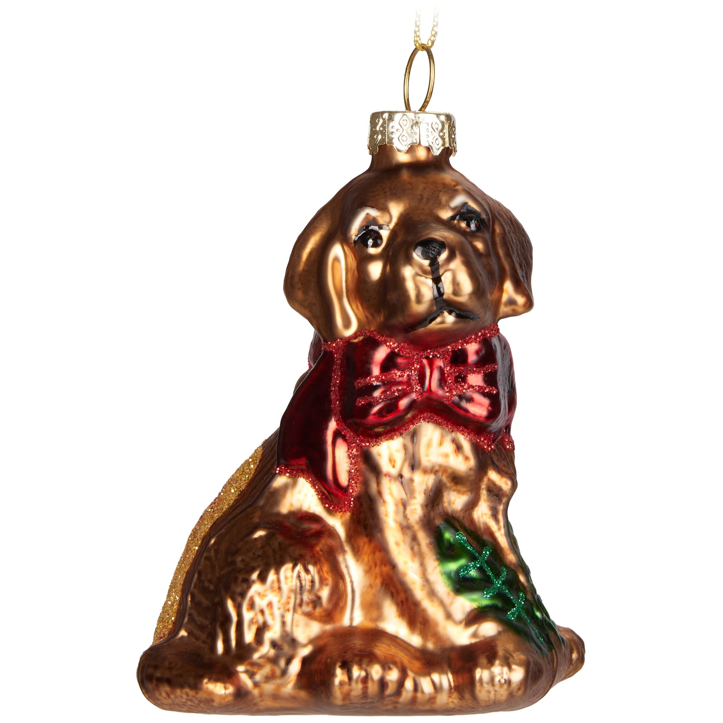 Image of Brubaker Golden Retriever With Red Bow Collar - Hand-painted Glass Christmas Ornament Dog - Mouth-blown Christmas Tree Decoration Gold Dog Labrador Funny Decorative Pendant Bauble - 9.1 Cm