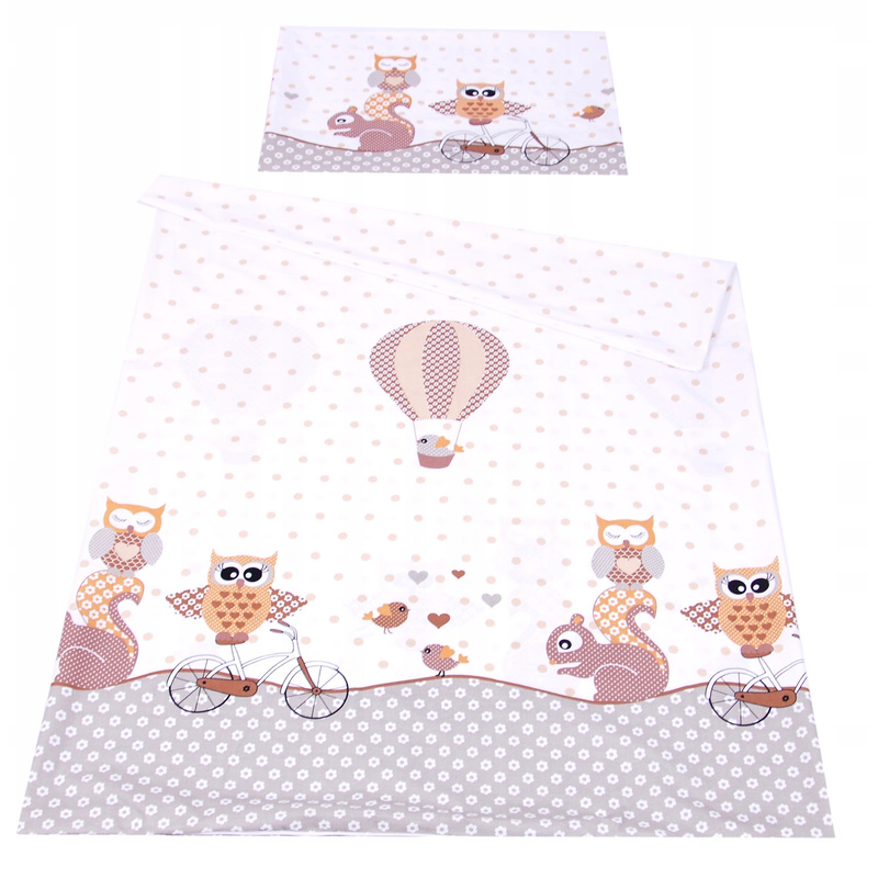BabyLux 4-dijelni set posteljine za bebe 120x60cm & 120x90cm - 100% pamuk, uključuje navlaku za poplun, jastučnicu, rubnik, plahtu s gumicom - bež dizajn sova