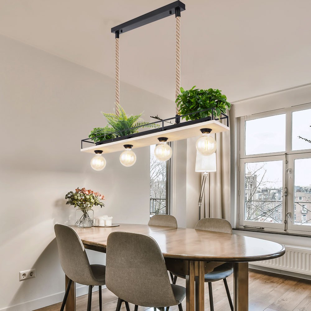 Image of Wooden Pendant Lamp Ceiling Lamp Living Room Pendant Lamp With Hemp Rope, Metal Frame Plate Black, 4x E27, Lxh 95x120 Cm