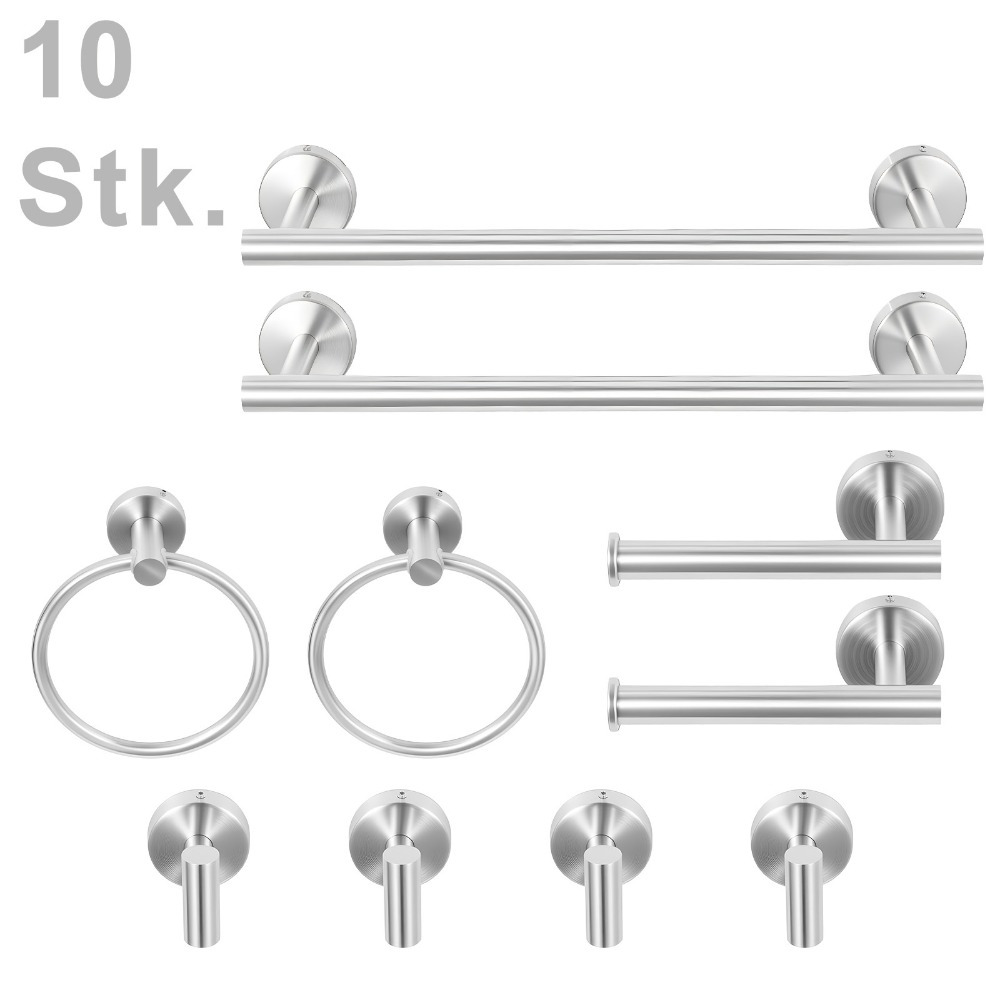 Image of 10-piece Bathroom Accessory Set: No-drill Towel And Toilet Paper Holder, Self-adhesive Toilet Paper Holder, Towel Bar, Hooks