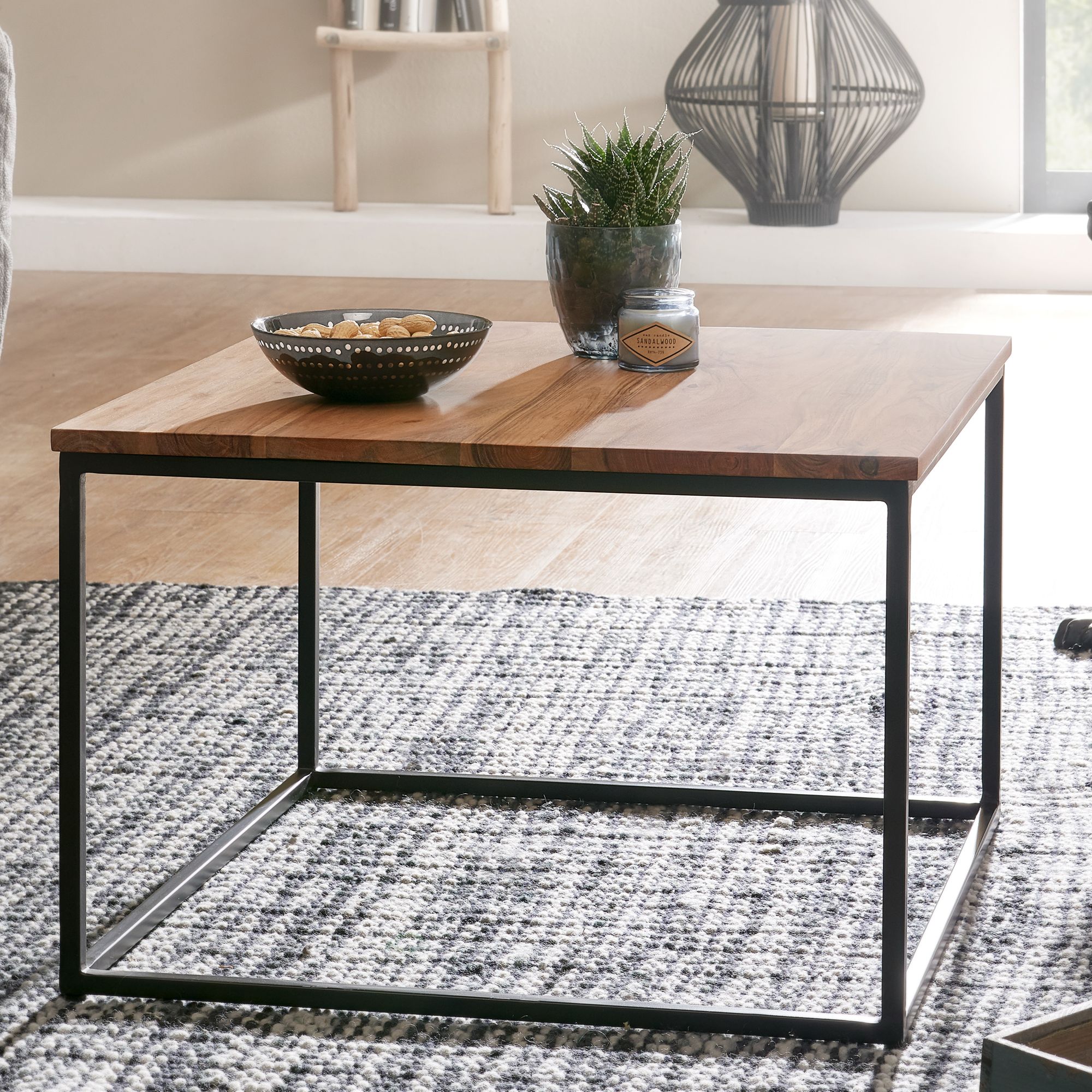 Image of Coffee Table 60x60x41 Cm Solid Wood Metal Sofa Table Living Room Table Acacia, Indoor Table Industrial Square, Solid Wood Coffee Table, Living Room Table