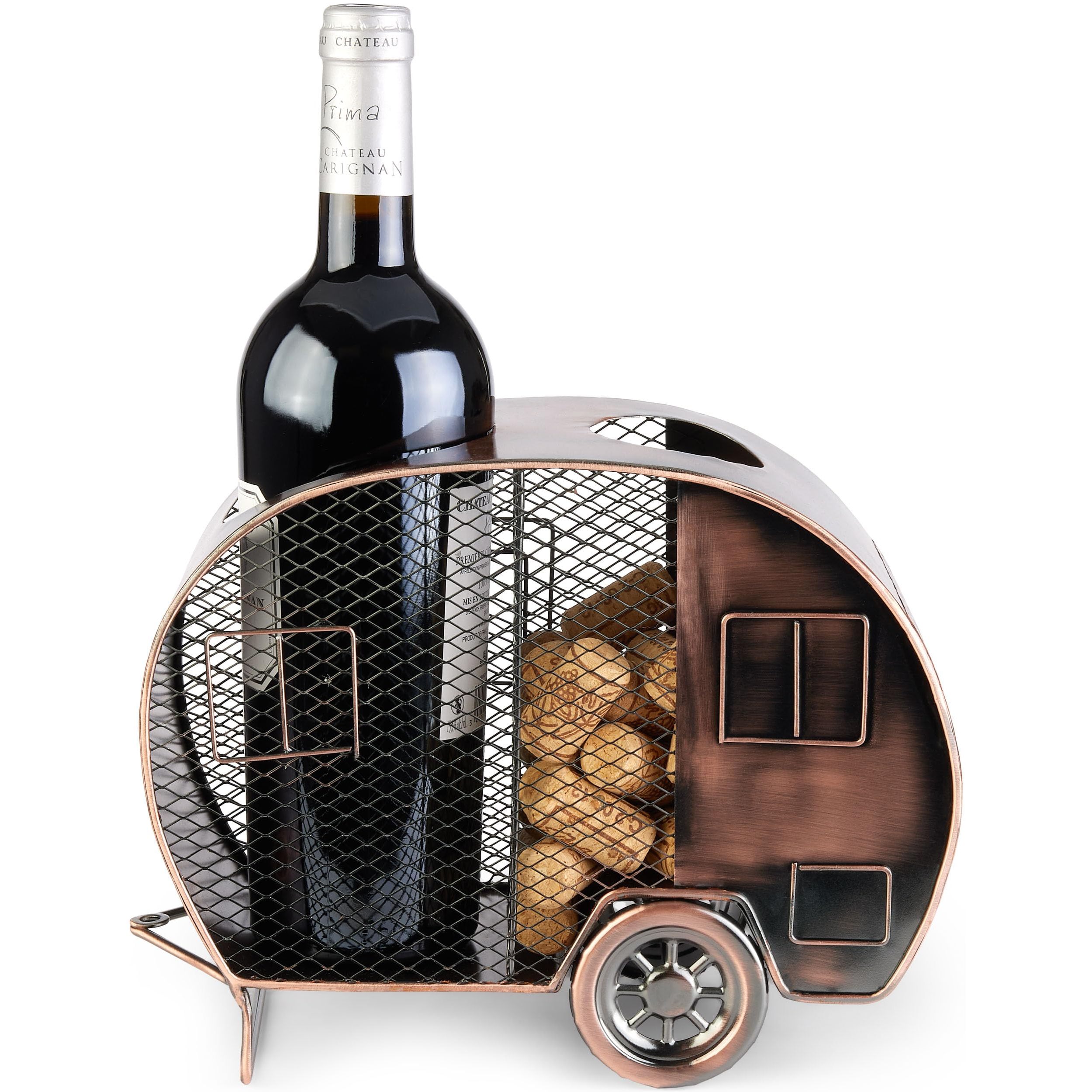 Image of Brubaker Wine Bottle Holder For - Copper-colored Metal Bottle Holder With Cork Storage - Decorative Gift For Campers - Metal Figurine Wine Gift With Greeting Card - Color: Copper