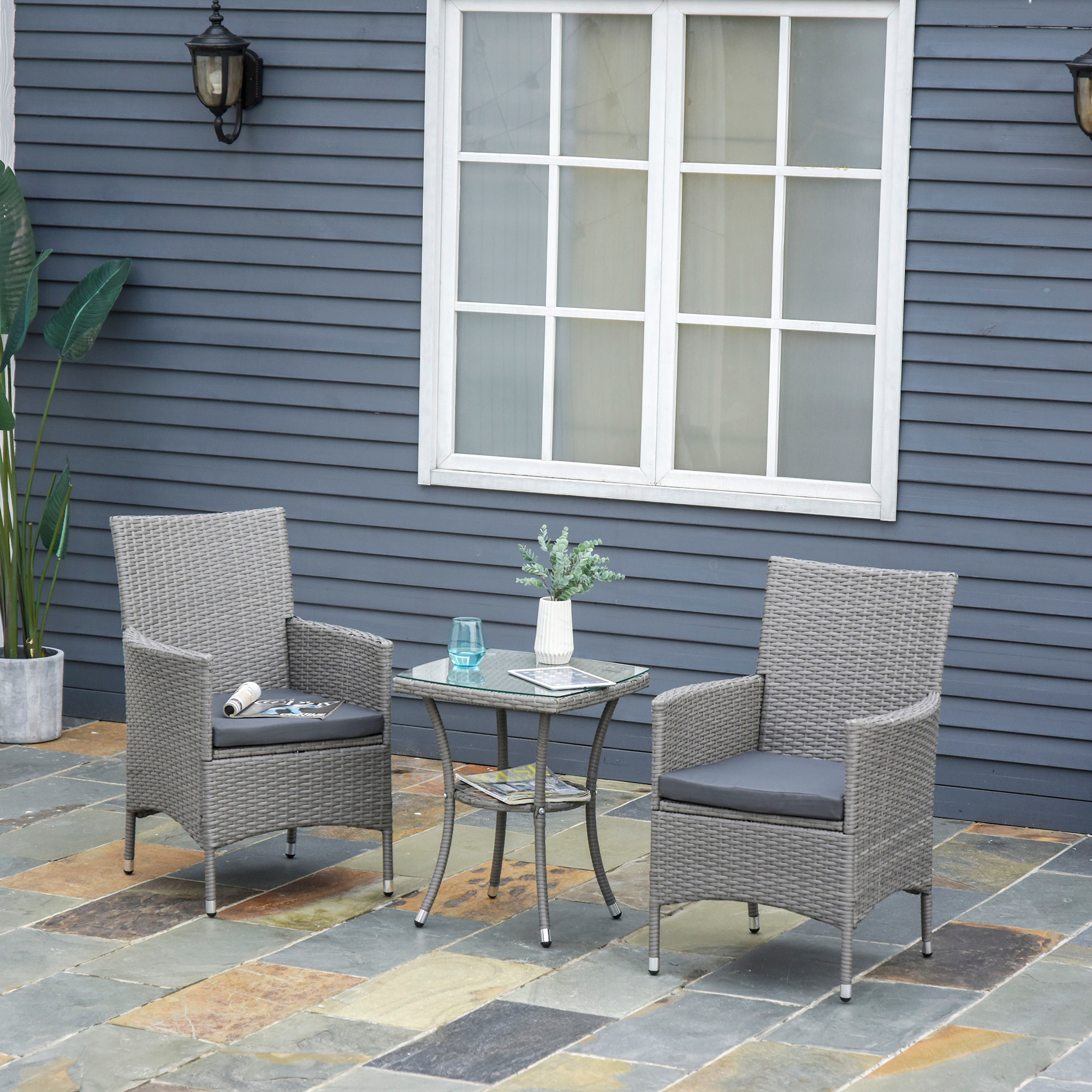 Furniture Set With Side Table Bistro Set 3pcs. Balcony Furniture Set Set Seating Set With Seat Cushion Poly Rattan + Steel 60 X 58.5 X 89.5 Cm
