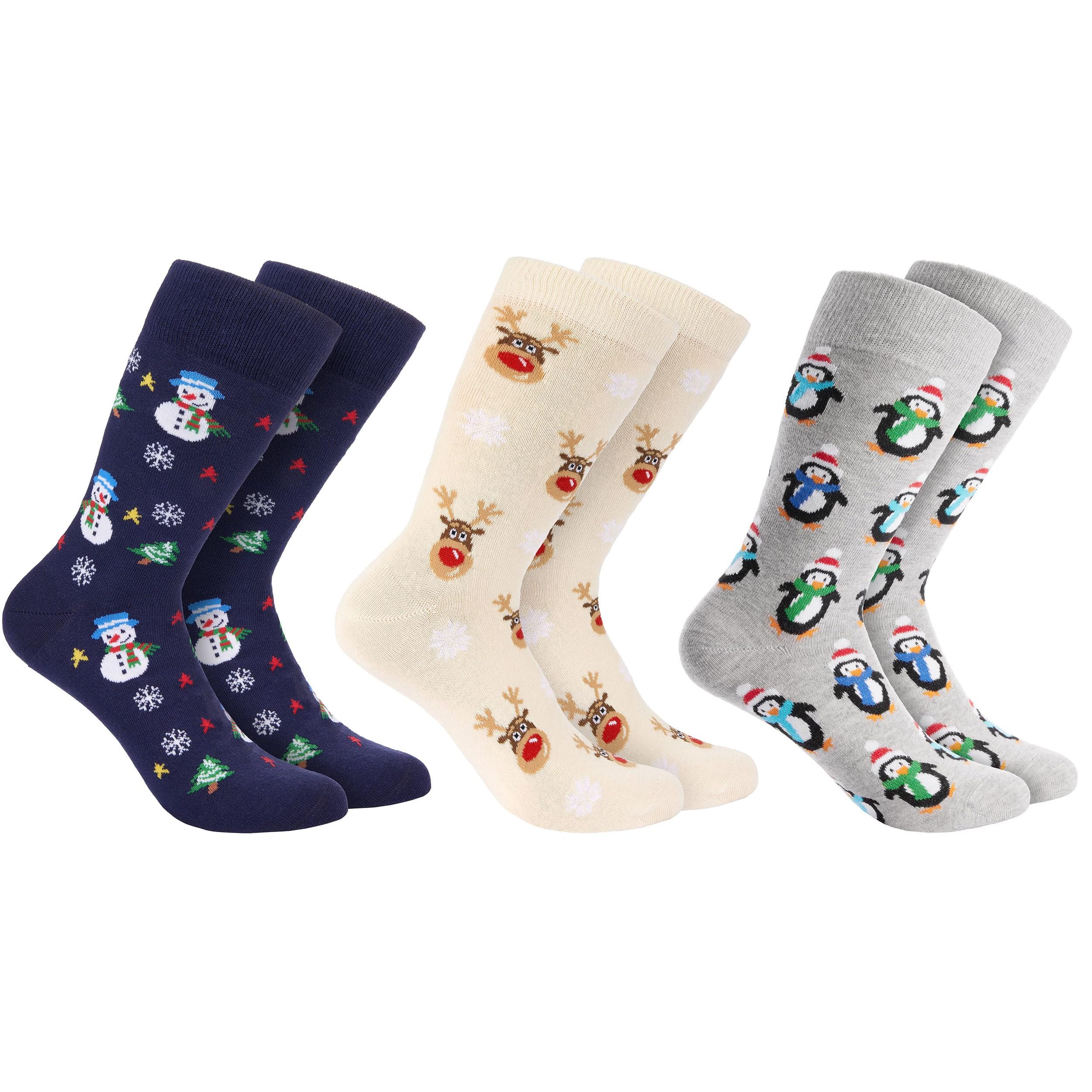 Image of Brubaker 3 Pairs Of Christmas Socks - Funny Socks For Women And Men With Christmas - Snowman, Reindeer, And Penguins - Blue, Beige, And Gray - - Christmas Gift