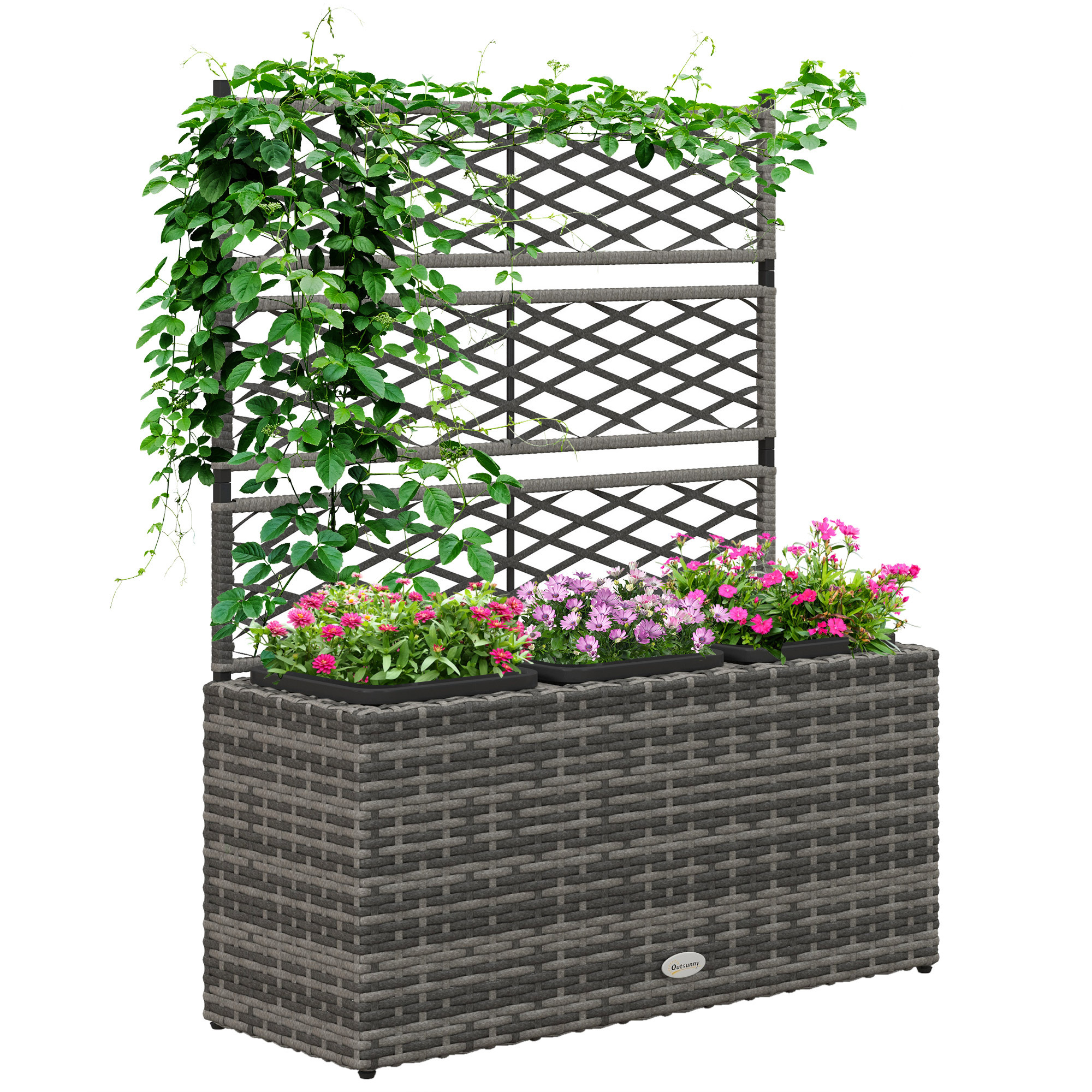 Image of Outsunny Planter Box With Trellis 3 Pots Planters 33l Garden Balcony Patio Outdoor Woven Resin And Galvanized Steel 84 X 30 X 107 Cm Grey Black