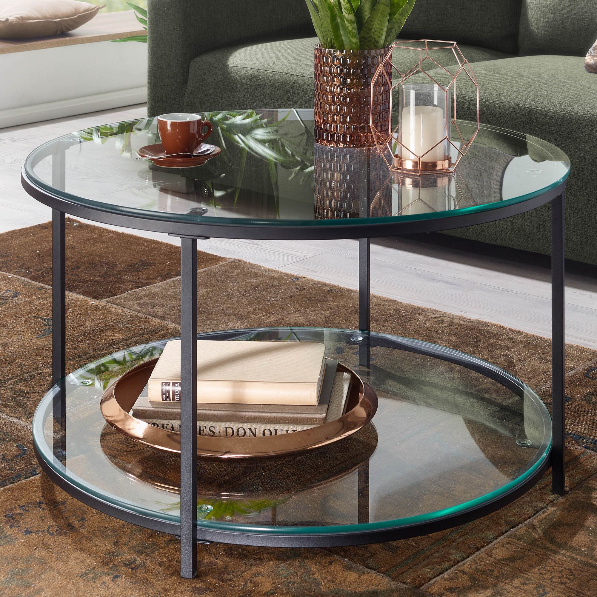 Image of Coffee Table 80x80x45 Cm Glass / Metal Round Modern Living Room Table, Sofa Table With Storage, Lounge Table With Shelf, Side Table
