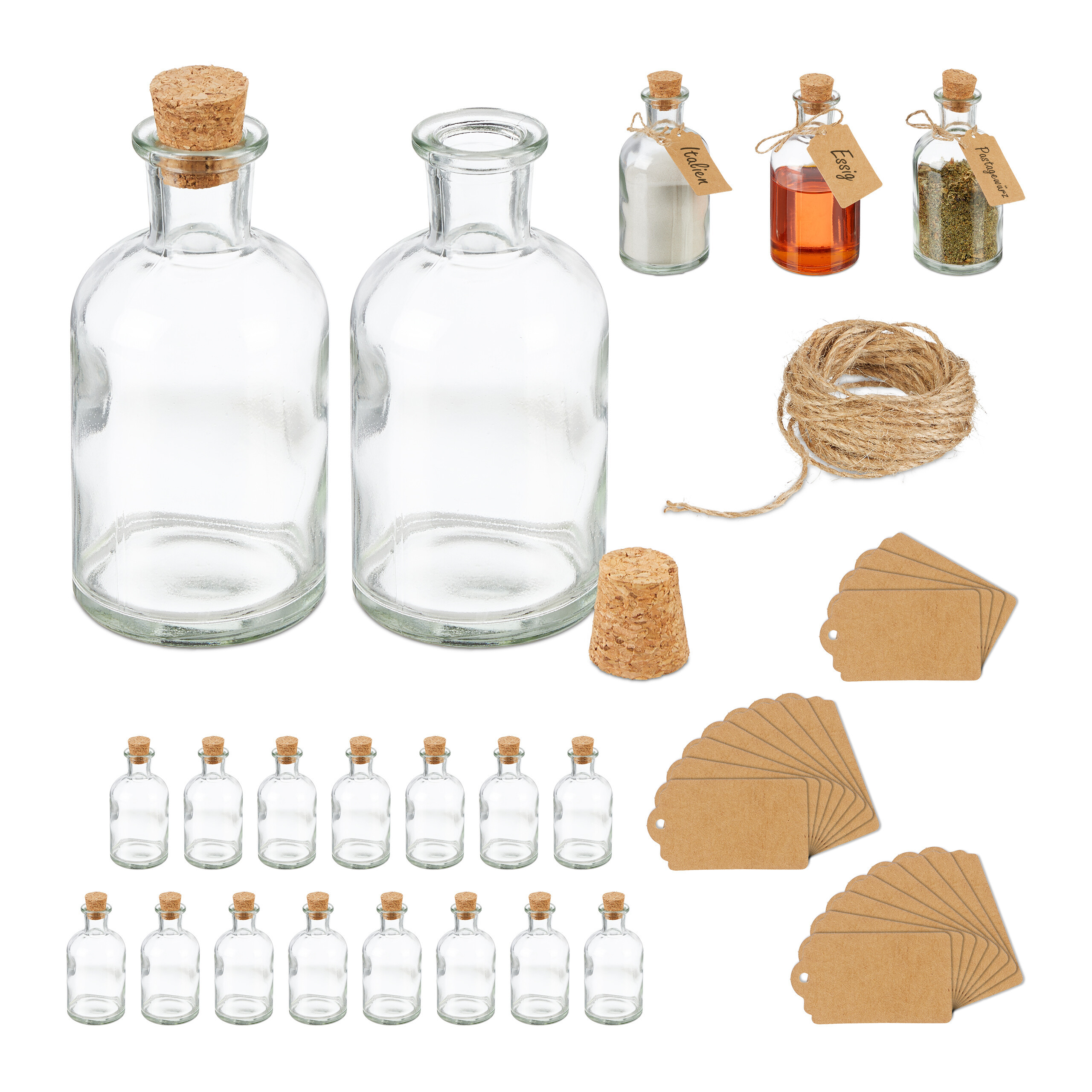 TEMU Small Glass Bottles, Cork Stoppers, Set Of 20, 125 Ml, 11.5 X 6 Cm, Glass, Cardboard And Cork, Transparent And Natural, With Labels And Twine,