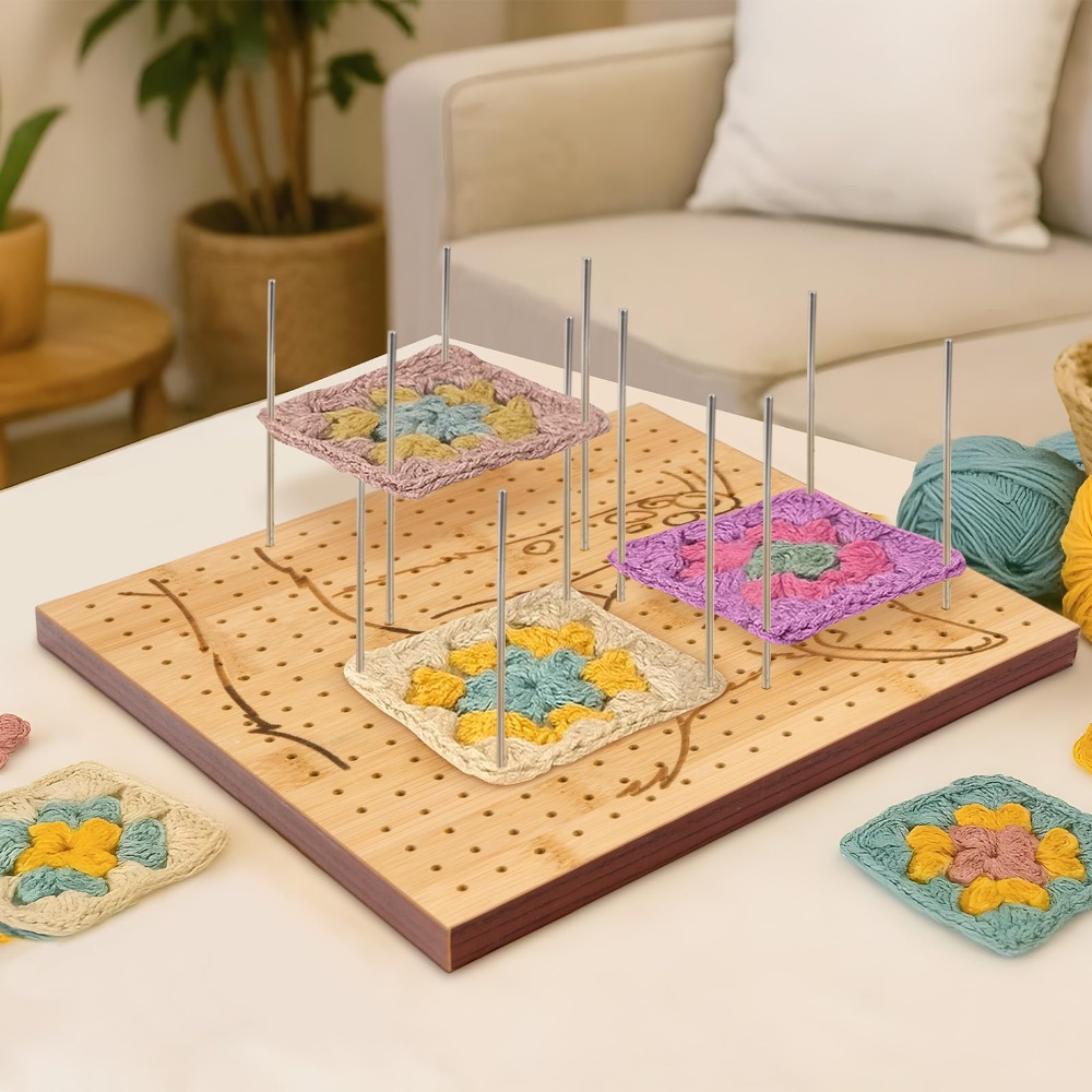 Image of 2 Cm Thick Crochet Blocking Board Made Of Bamboo - Stainless Steel Pins, 0.3 Cm Holes, 1.33 Cm , For Granny Squares, Triangles, Diamonds, Reusable, Gift 25*25cm