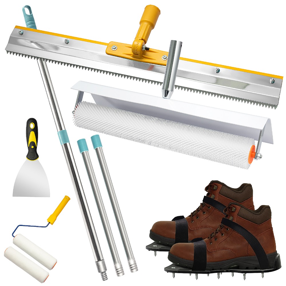 TEMU 6 In 1 Epoxy Floor Leveling Tool Kit Spiked Roller With Extension Pole Self Leveling Rake Spiked Shoes Stainless Steel Scraper For Smooth Floor