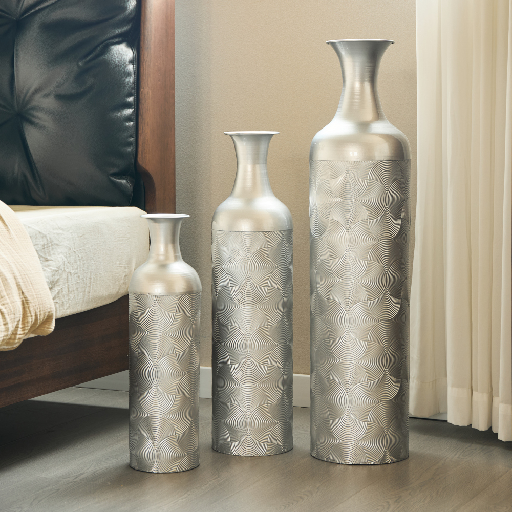 Image of 3-piece Set Of Metallic Floor Vases In Silver | 50-83 Cm Tall With | As Plant Planters & Decoration | For Living Room, Hallway, Office – Contemporary Design
