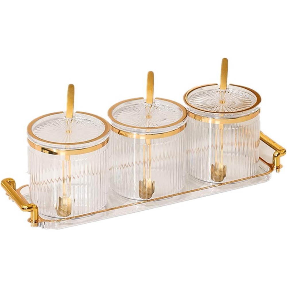 Spice Jars And Boxes With Lids, Spoons, And Trays – 3-piece Set, Transparent Plastic Containers, Spice Box Set For Storing Salt, Chili Powder, Sugar – Kitchen Storage Accessories