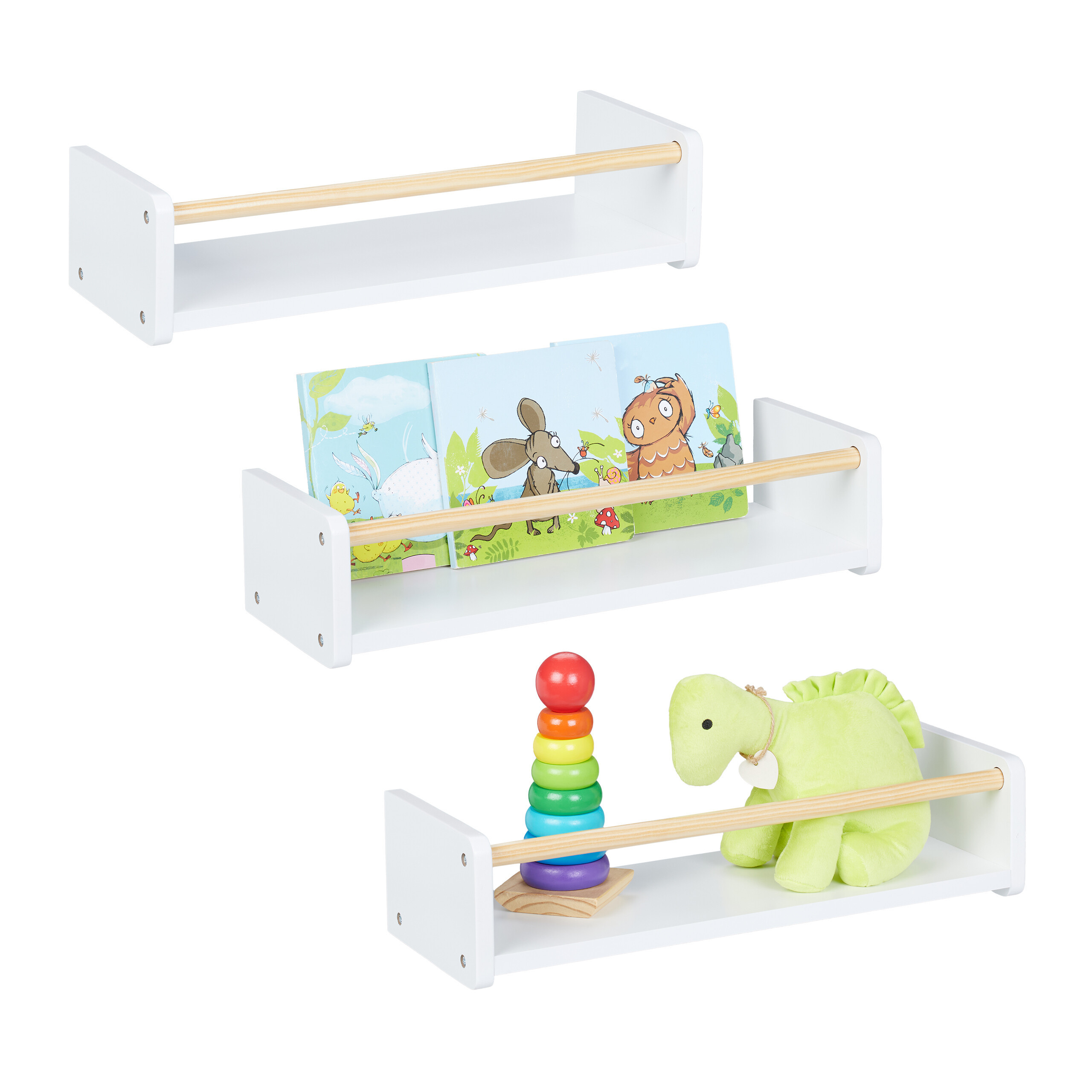 3 X Children's Shelf In White/natural - (w)50 X (h)12 X (d)18 Cm