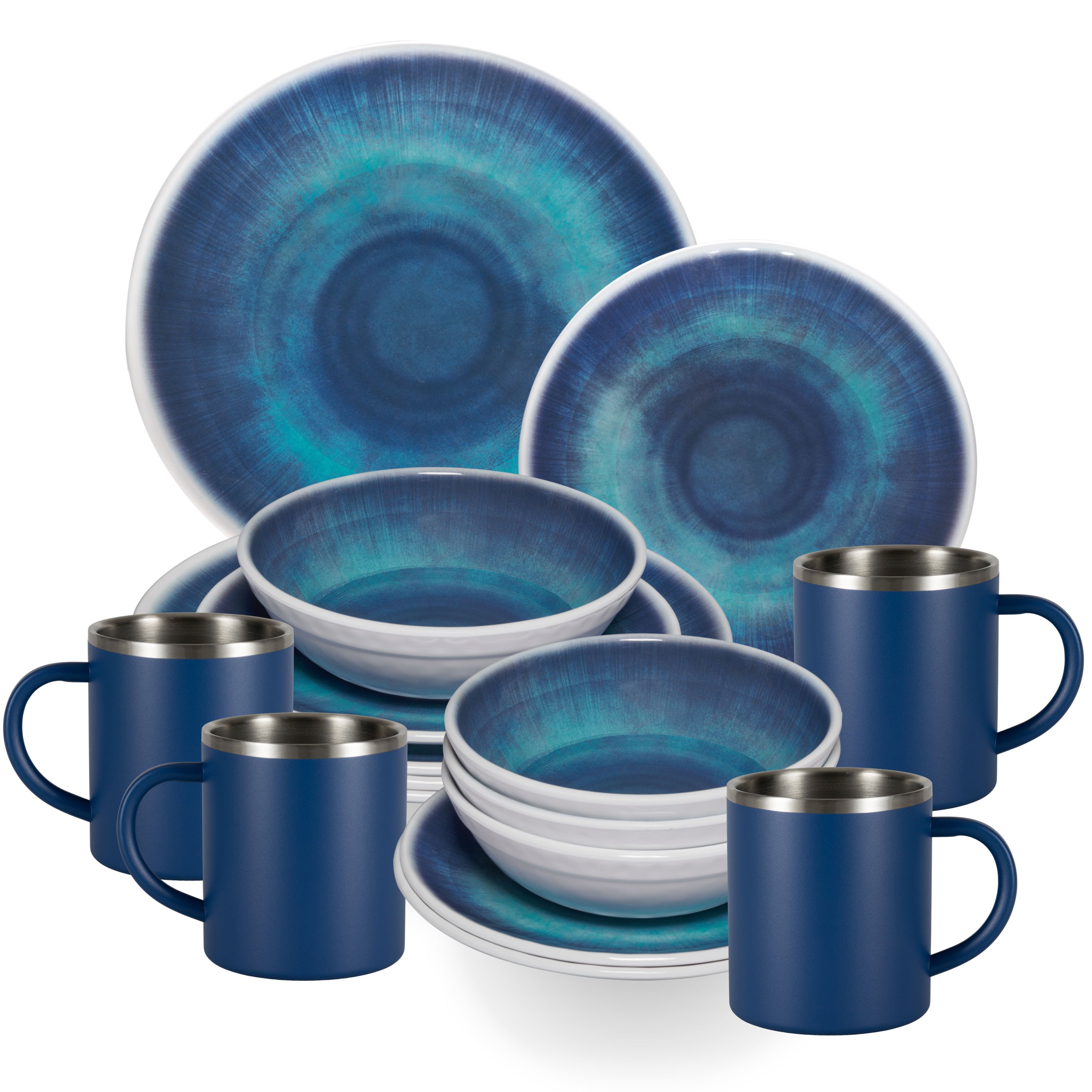 Image of Camping Dishes Blue For 16pcs - With Stainless Steel Thermo Cups Dishwasher-safe Dining Set Camping Accessories Camping Dishes Camping Festival Picnic
