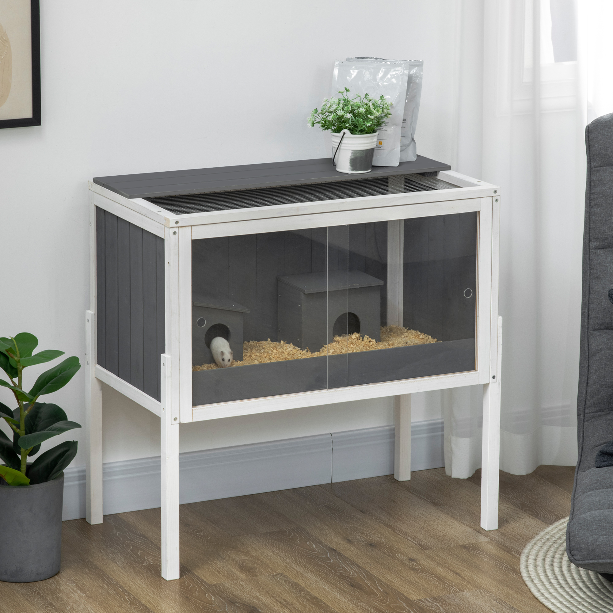 Wooden Hamster Cage, Small Animal Cage With 2 And Shelf, Sliding Door, Accessories, Large Mouse Cage, Cage For Dwarf Hamsters 82 X 45 X 81 Cm Gray