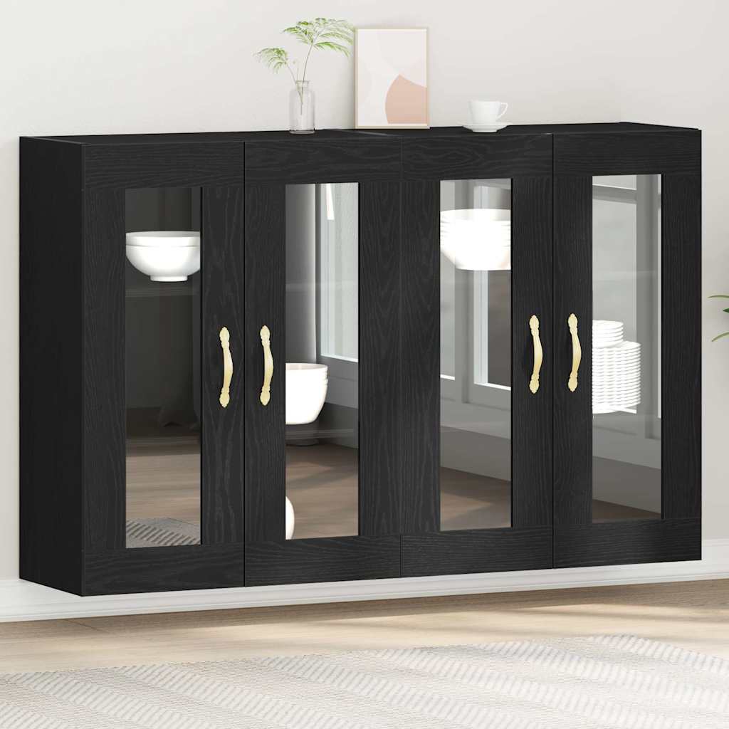 Image of Vidaxl Wall Shelf Set 2pcs In Black And Oak, 139 X 34 X 90 Cm – Modern Solid Wood Storage Buffet With Sliding Doors And Shelves, Perfect For Your Dining Room Or Living Room.