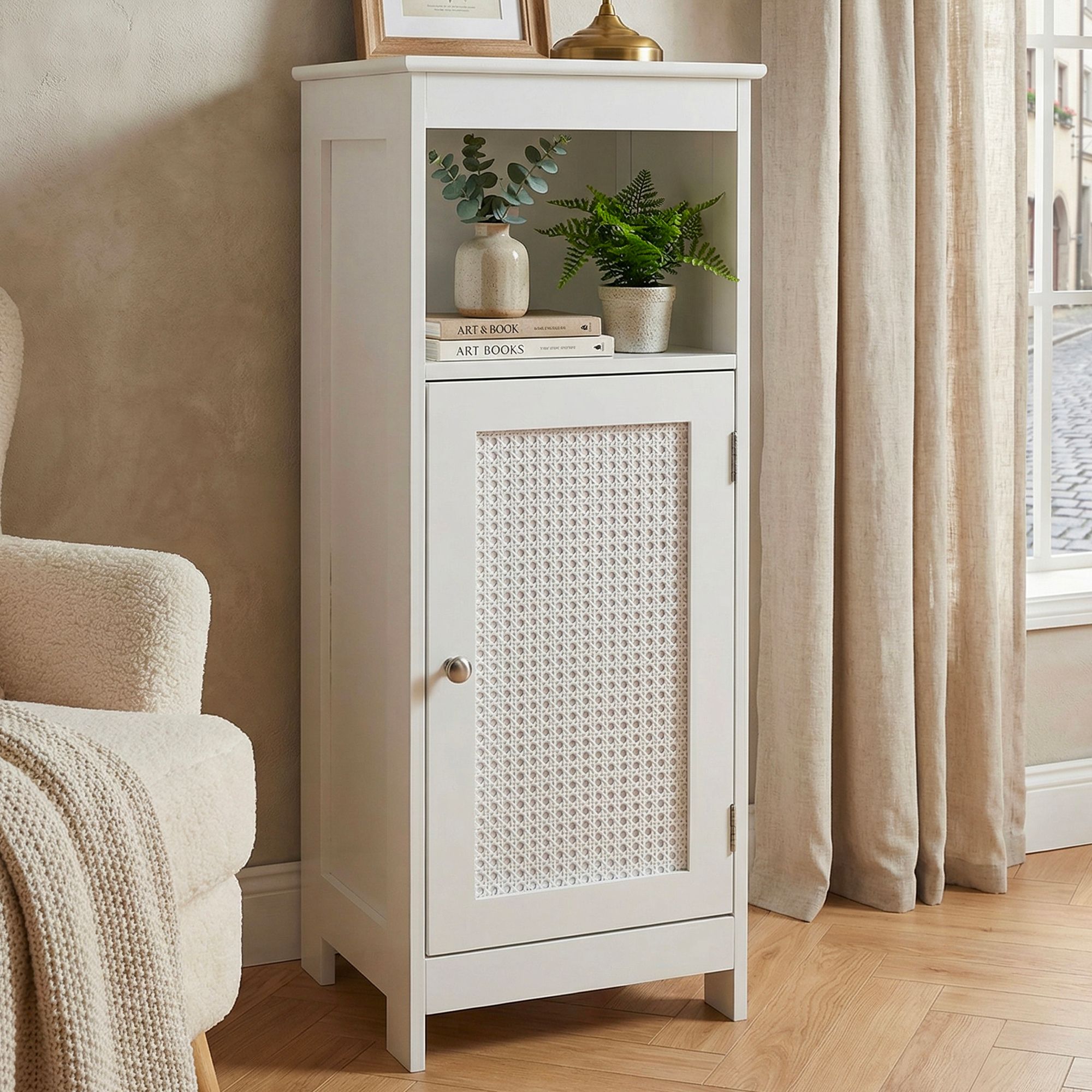Image of Shelf White 80cm - Niche Shelf Door & Storage Vienna Weave - Narrow Living Room Shelf Hallway & Living Room - Storage Shelf - Small Cabinet - Dresser