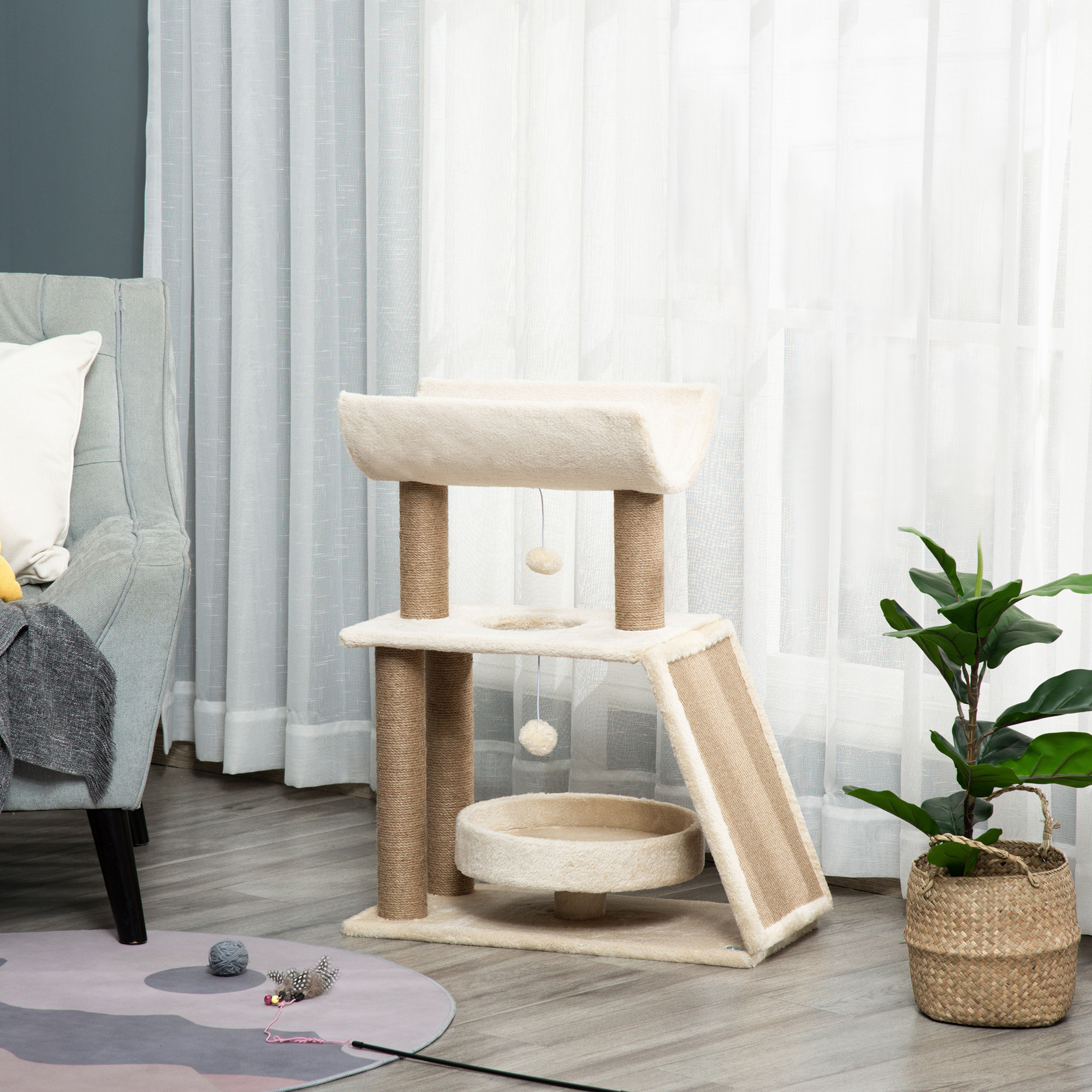 Image of Pawhut Small Cat Scratching Post, 76 Cm Cat Tree With Play Ball, Indoor Scratching Furniture With Scratching Board, Bed, Sitting Area, Climbing Tower For Cats Up To 5 Kg, Light Brown