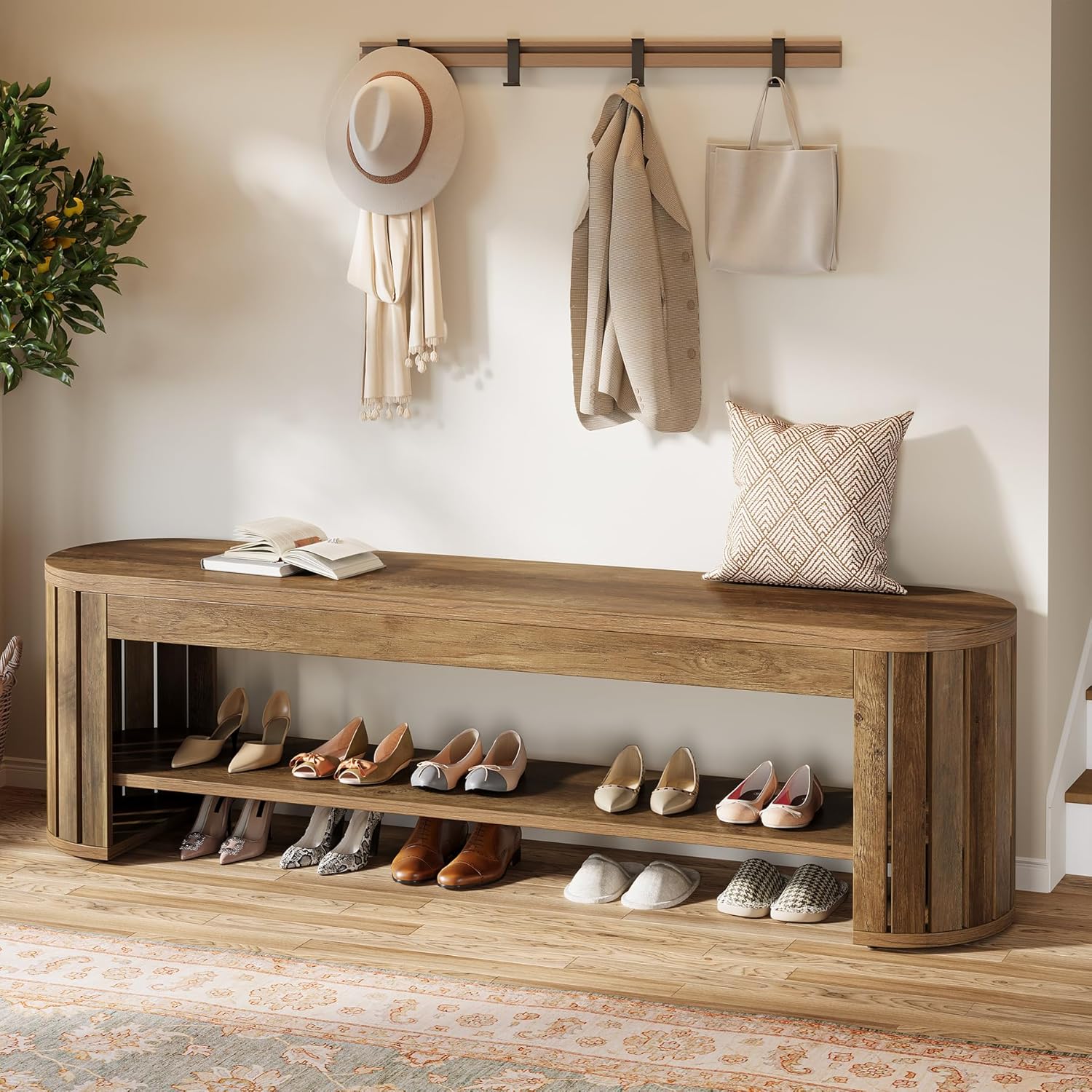 Vintage 160 Cm Wooden Entryway Bench With Shoe Storage, Modern Long 2-tier Narrow Shoe Bench With Arc Vertical Slat Splicing Legs, End Of Bed Stool For Bedroom, Entrance, Living Room, Brown