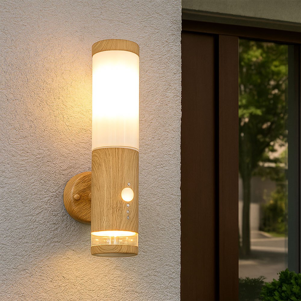 Image of Led Outdoor Wall Light With Motion Sensor, Stainless Steel With Wood Look Finish, Decorative Led, 1x E27 Warm White Led, Wxh 8.5 X 35 Cm