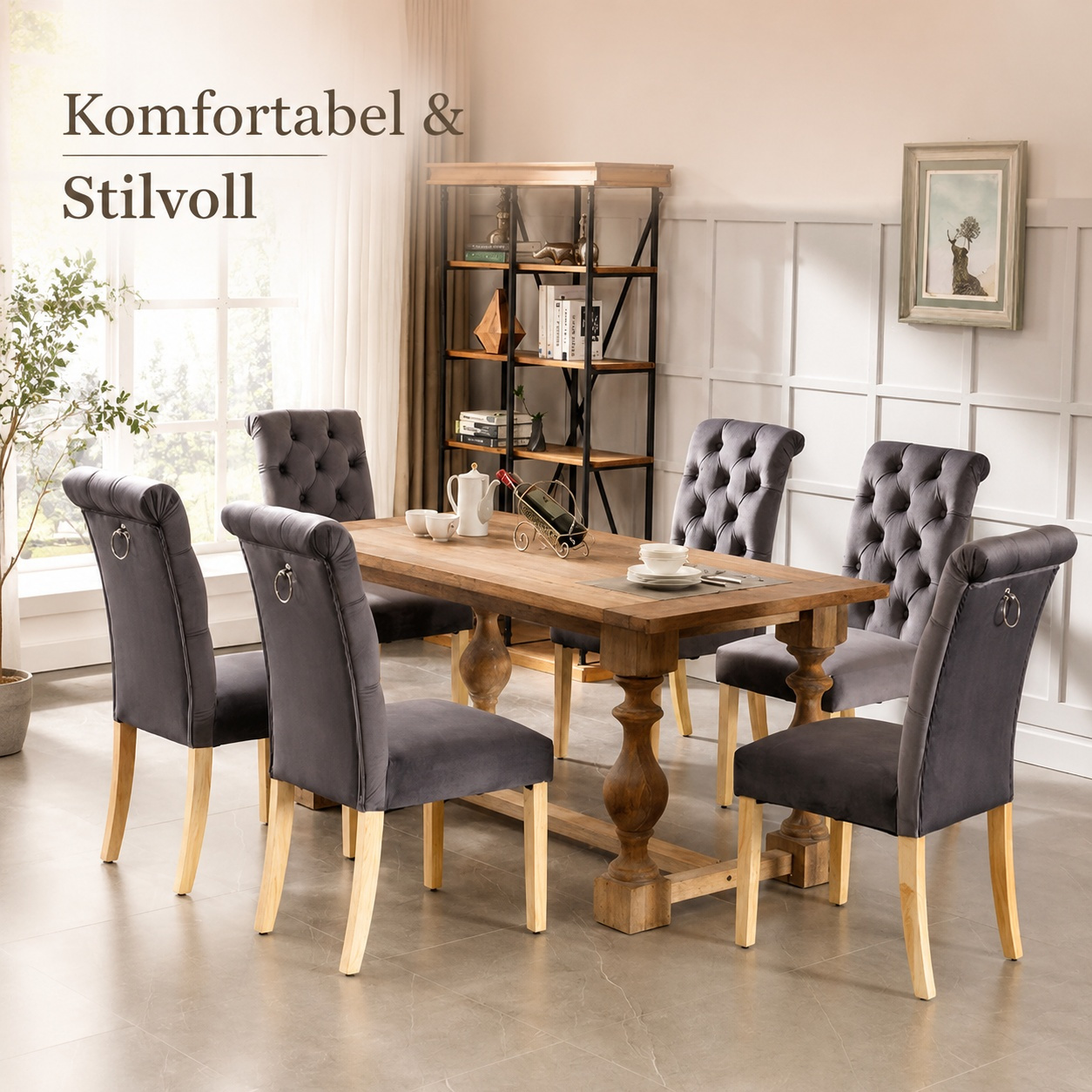 Image of 6pcs Set Of Dark Grey Velvet Dining Chairs With Button Tufting, Solid Wood Dining Chairs For Room Café