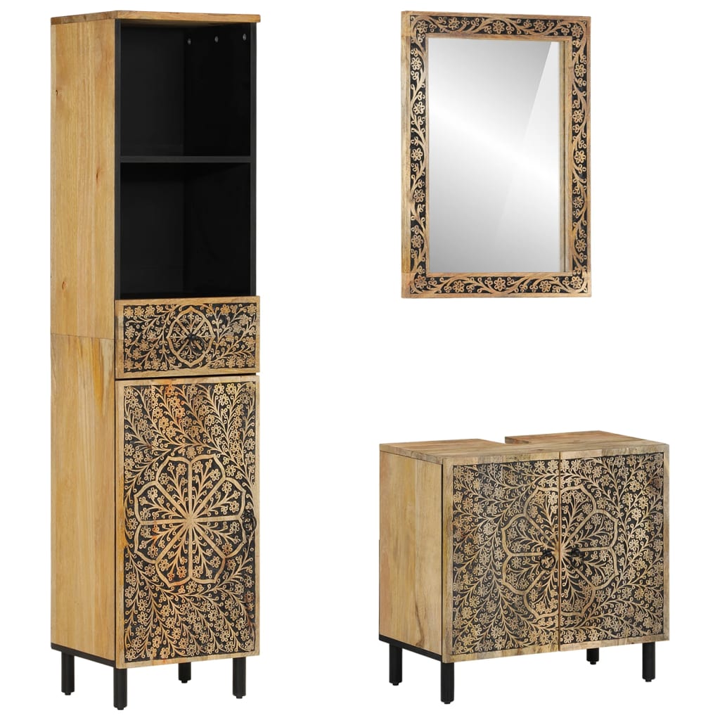 Image of Vidaxl 3-piece Bathroom Furniture Set, Bathroom Cabinets With Storage Space, Bathroom Mirror Cabinets, Under-sink Cabinet, Solid Mango Wood