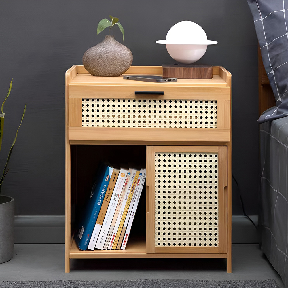 TEMU Wooden Bedside Table, Bamboo Nightstand Sofa Side End Table With Drawer And Storage Shelf, Accent Bedside Cabinet Coffee Tea Table For Home