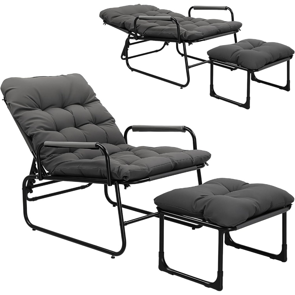 Image of Bonnlo Balcony Chair With Adjustable Backrest And Stool, Seat Chair Supports Up To Kg, For Veranda, Garden, Pool Area, Balcony, Or Backyard, Gray/white