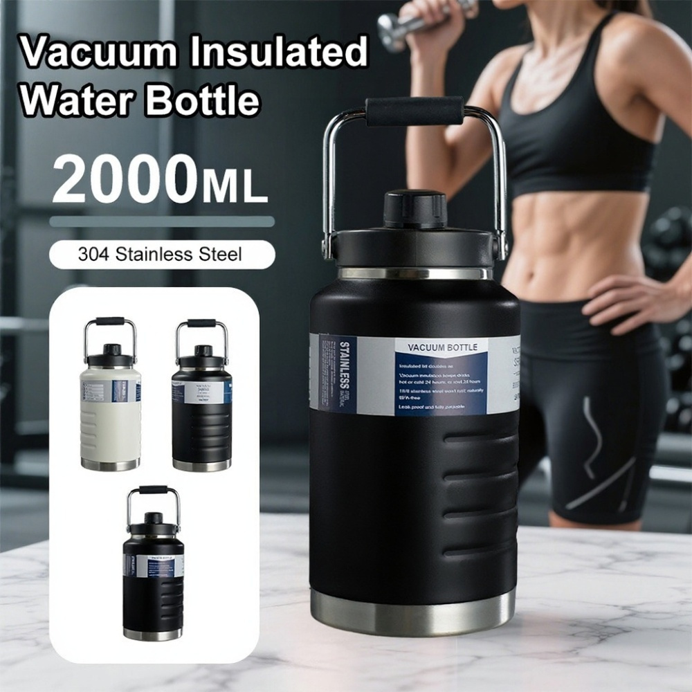 TEMU 1 bouilloire isotherme portable en acier inoxydable, grande 2000 ml, bouilloire isotherme de sport, couvercle étanche et de poignée portable
