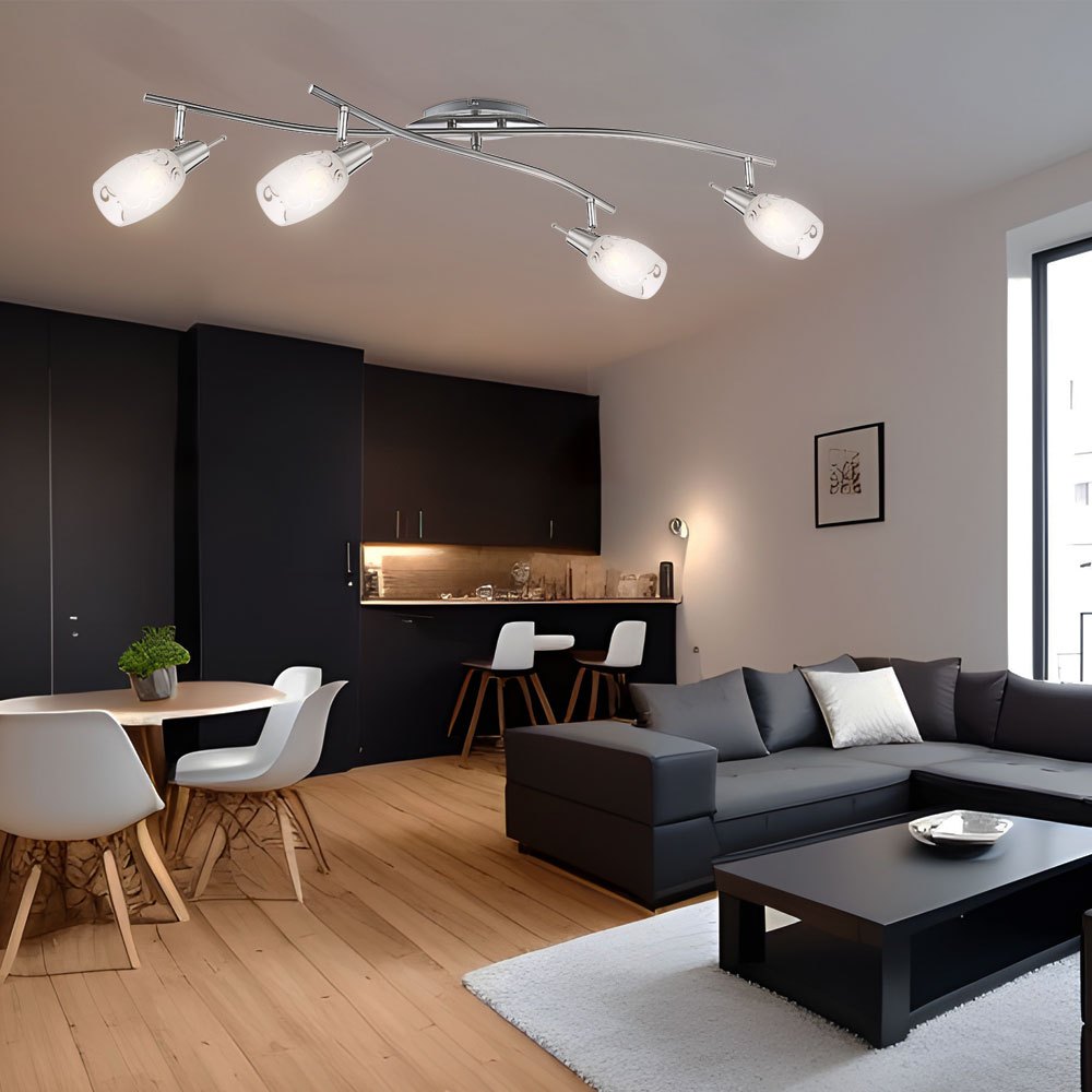 Image of Ceiling Light Spotlights Living Room Light Dining Room Lamp Hallway Lamp, Metal Glass Nickel-matt Chrome, 4 E14 Flame-shaped Adjustable Spots, L 90 Cm