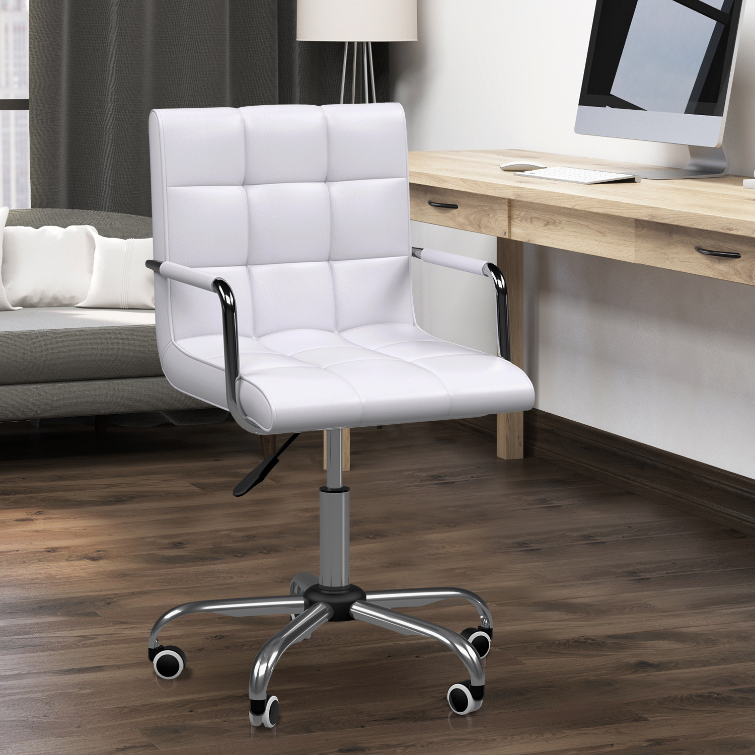 Home Office Chair, Adjustable Height Swivel Desk Chair In Leather, Makeup Chair, Office Chair With 120 Kg Weight Capacity, For Study Room, Bedroom, White