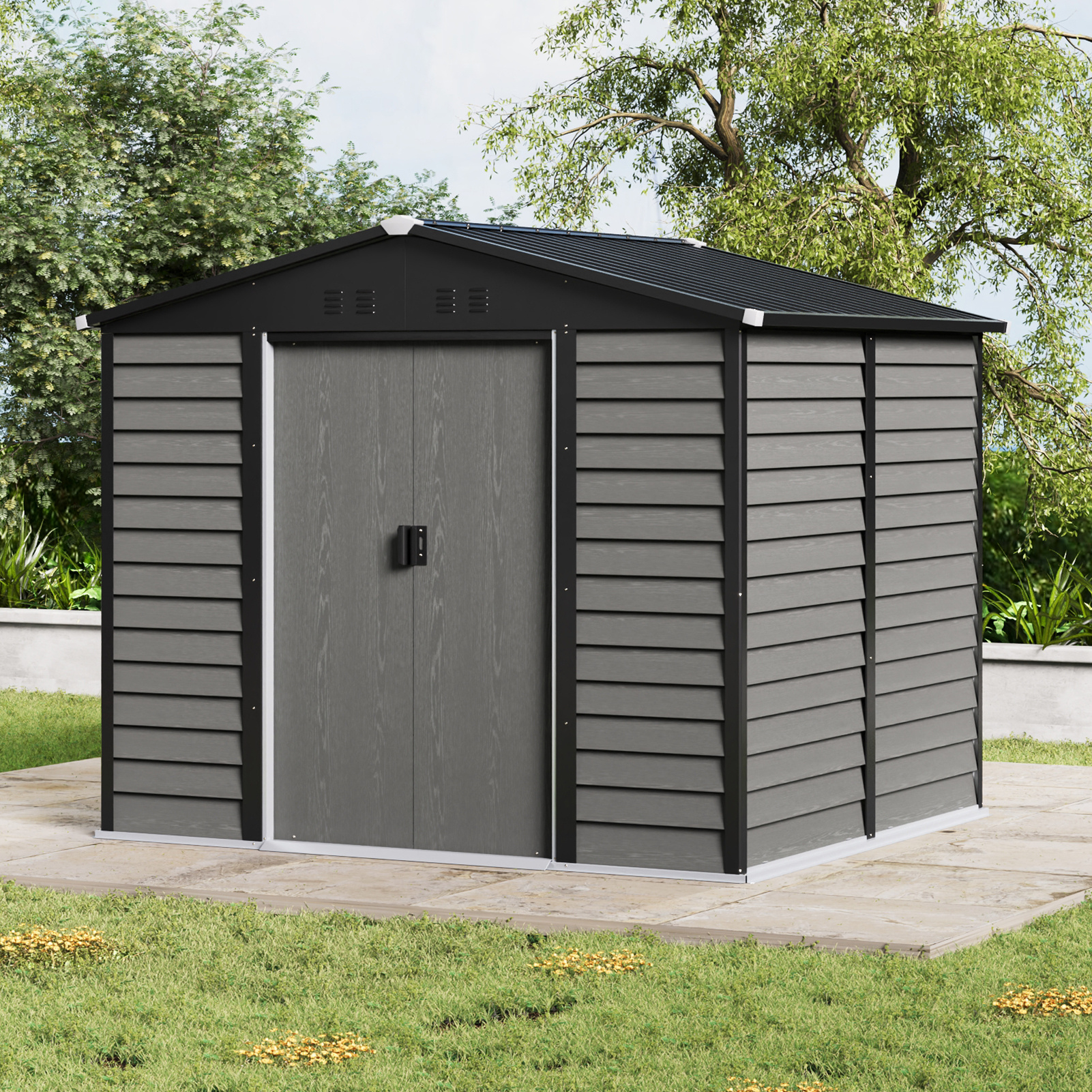 7 5x7ft wood grain dark grey galvanized metal garden storage tool shed outdoor garden garage storage tool shed metal frame bike sheds large garden storage shed temporary removable not for permanent purposes outdoor storage   sheds bike sheds garbage storage bin shed
