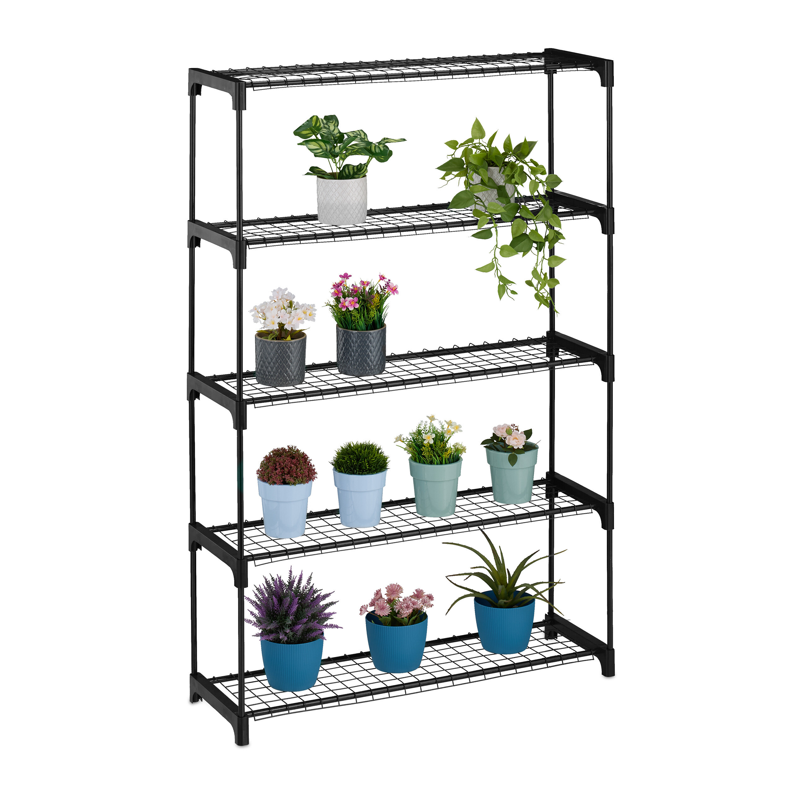 TEMU Estantería para plantas negra, 5 niveles, 140 x 91 x 28 cm, acero y plástico, estantes de rejilla, montaje por encaje, ampliable, para salón,