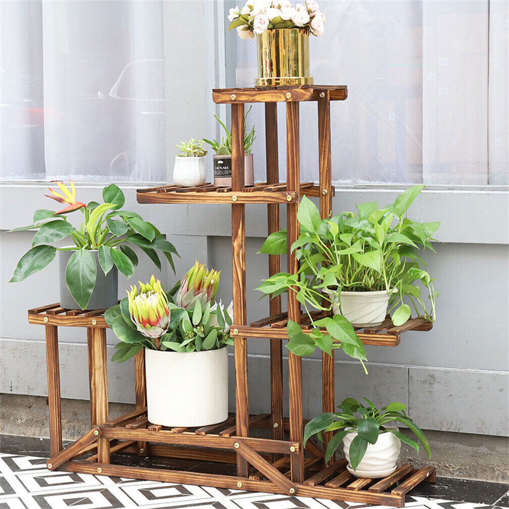 

Wood Plant Stand: Large Holder Shelf 6 Potted Planter Display Rack For Garden Patio Room Indoor Outdoor