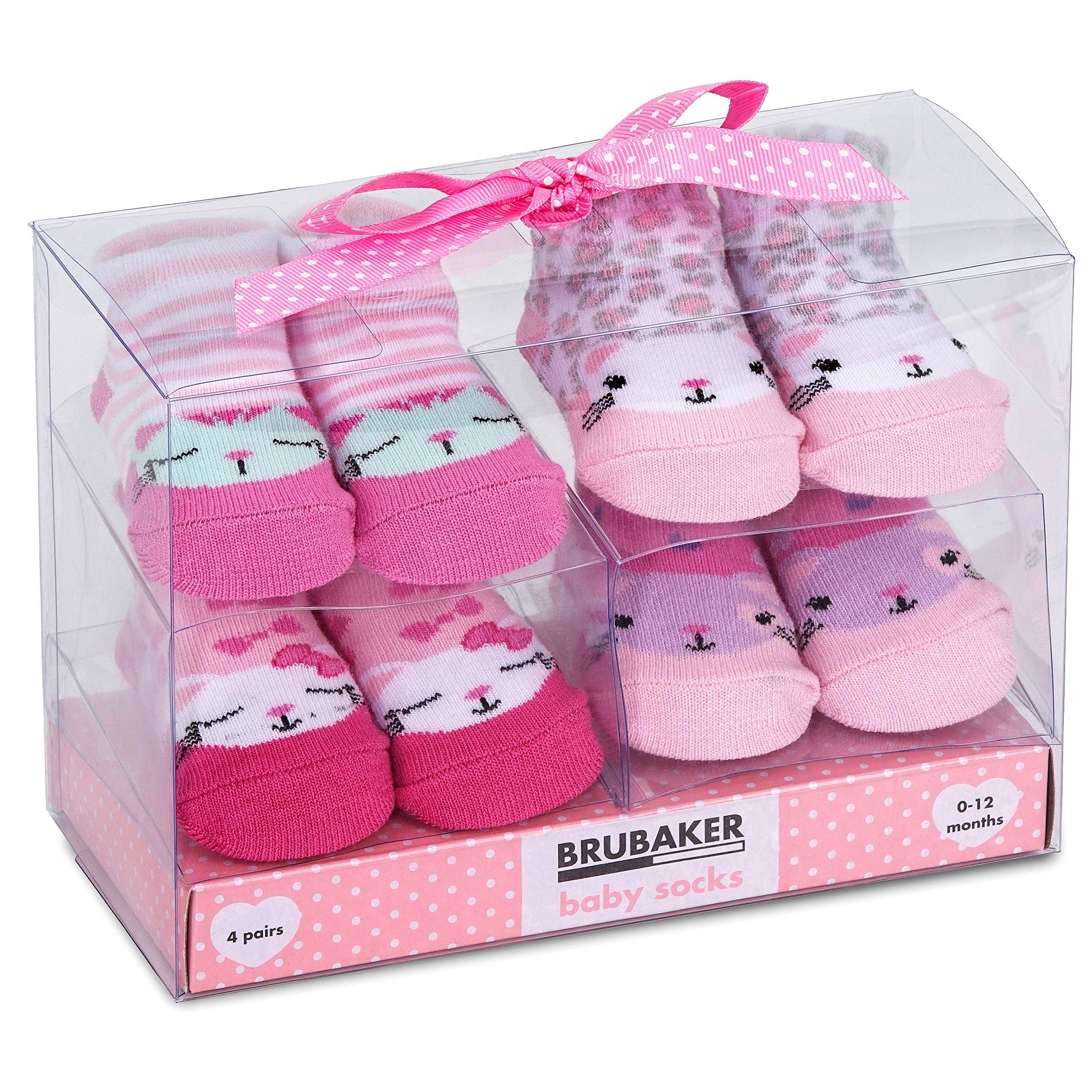 Image of Brubaker 4 Pairs Of Baby Girl Socks 0-12 Months - Pink/cat Rose