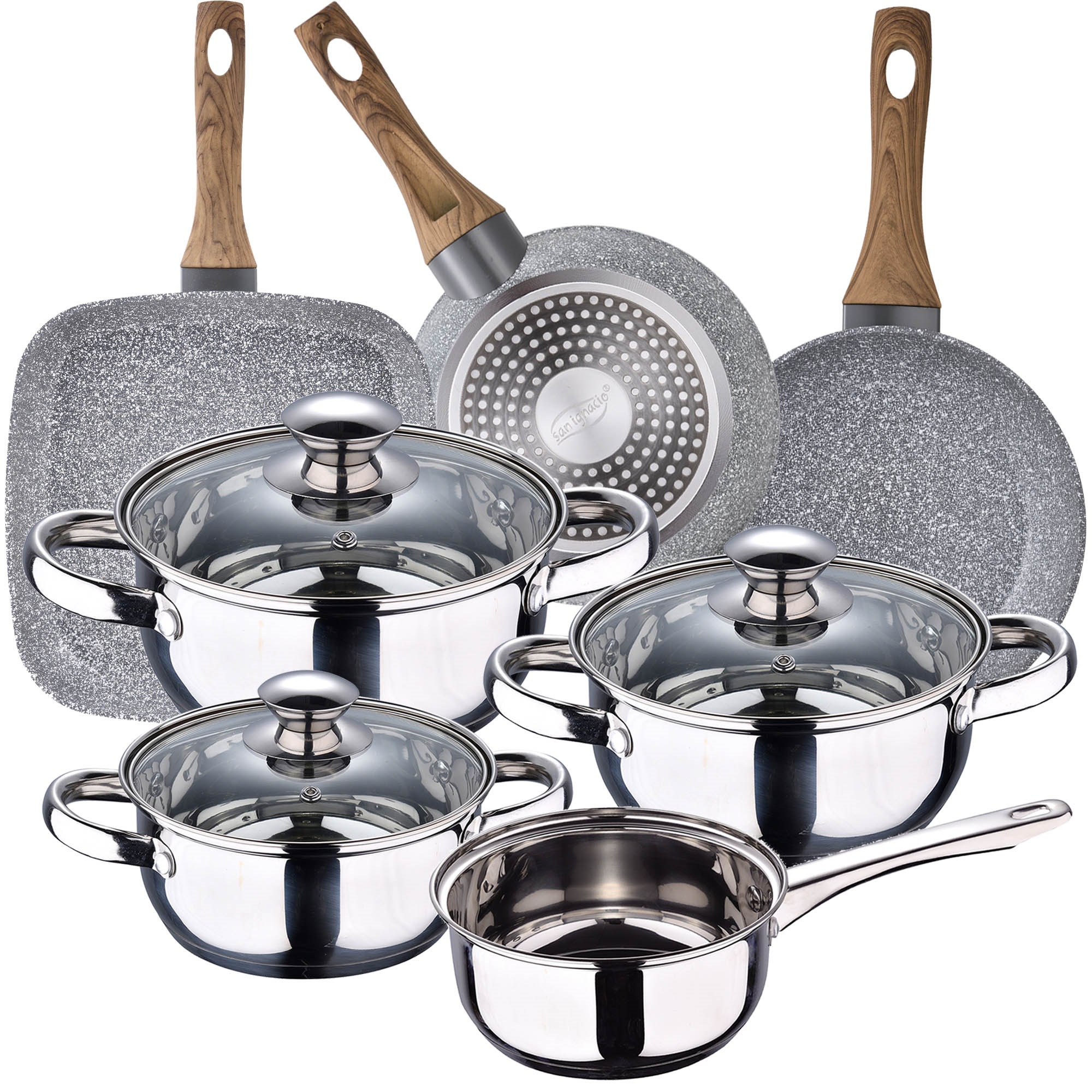 San 7-piece Kitchen Set: Stainless Steel Cookware With Frying Pans (18/22 Cm) And 28x28 Cm Grill, San Daimiel Aluminum