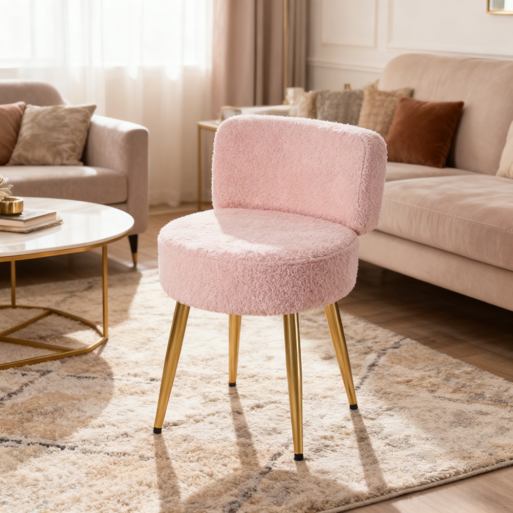 modern   plush fabric fluffy   kitchen small dining breakfast seat bedroom dressing stool bedroom rest chair golden metal legs living room bedroom lounge dorm