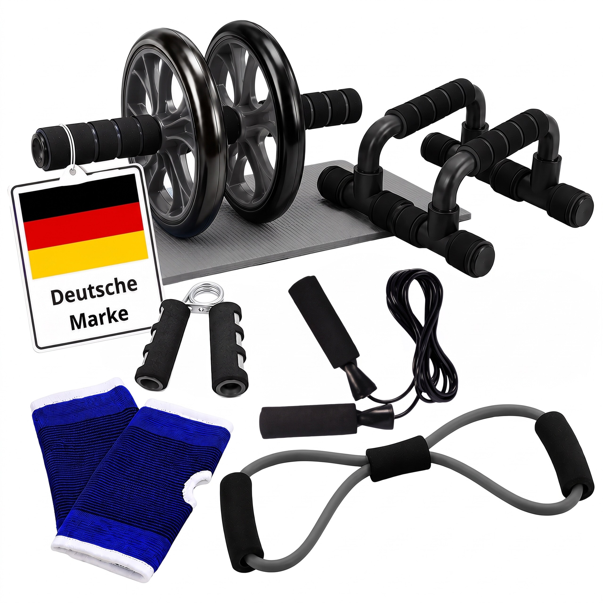 TEMU 9pcs Fitness Set, Black, Steel, Foam And Rubber, Abdominal Roller 34 X 16 Cm, Push-up Grips, Hand Trainer, Jump Rope 2.8 M, Resistance Band,