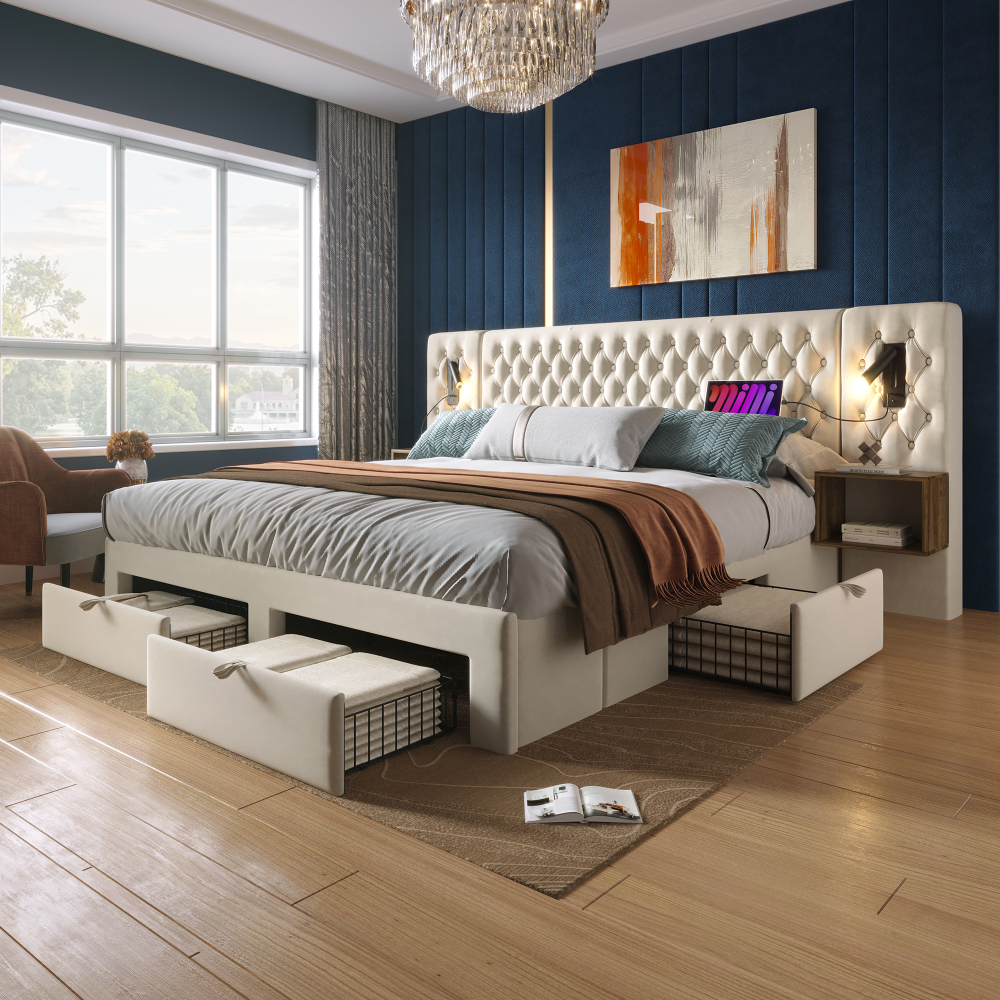 Image of 180×200 Cm Upholstered Bed With Drawers – 2 Wooden Nightstands (25 Kg Each), 4 Drawers (2 Footboard + 2 Side), Solid Wood Slats, Recessed Metal Frame With Non-slip Pads, For Teen Rooms & Guest Beds