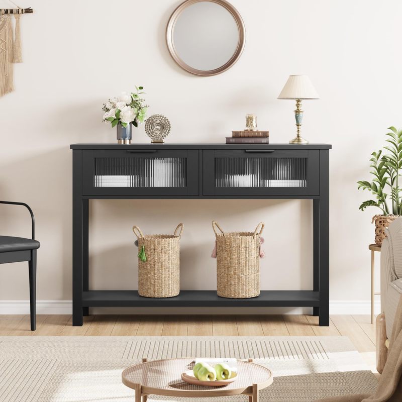 Lalfpet Narrow Console Table With Glass-front Drawers, Black Wood, 2-tier Open Shelf, Sturdy Wood Legs, Hallway Or Living Room, Black