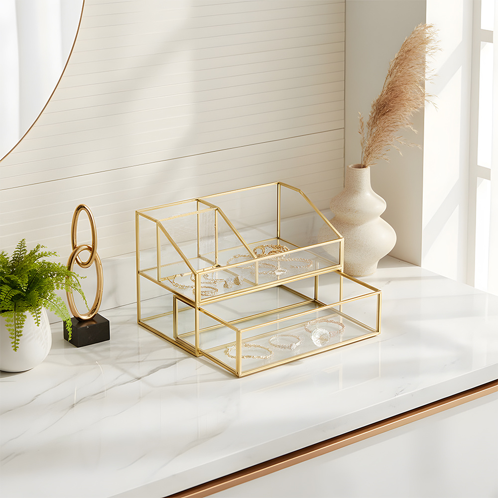 Double Layer Cosmetics Jewelry Box with Earring Organizer