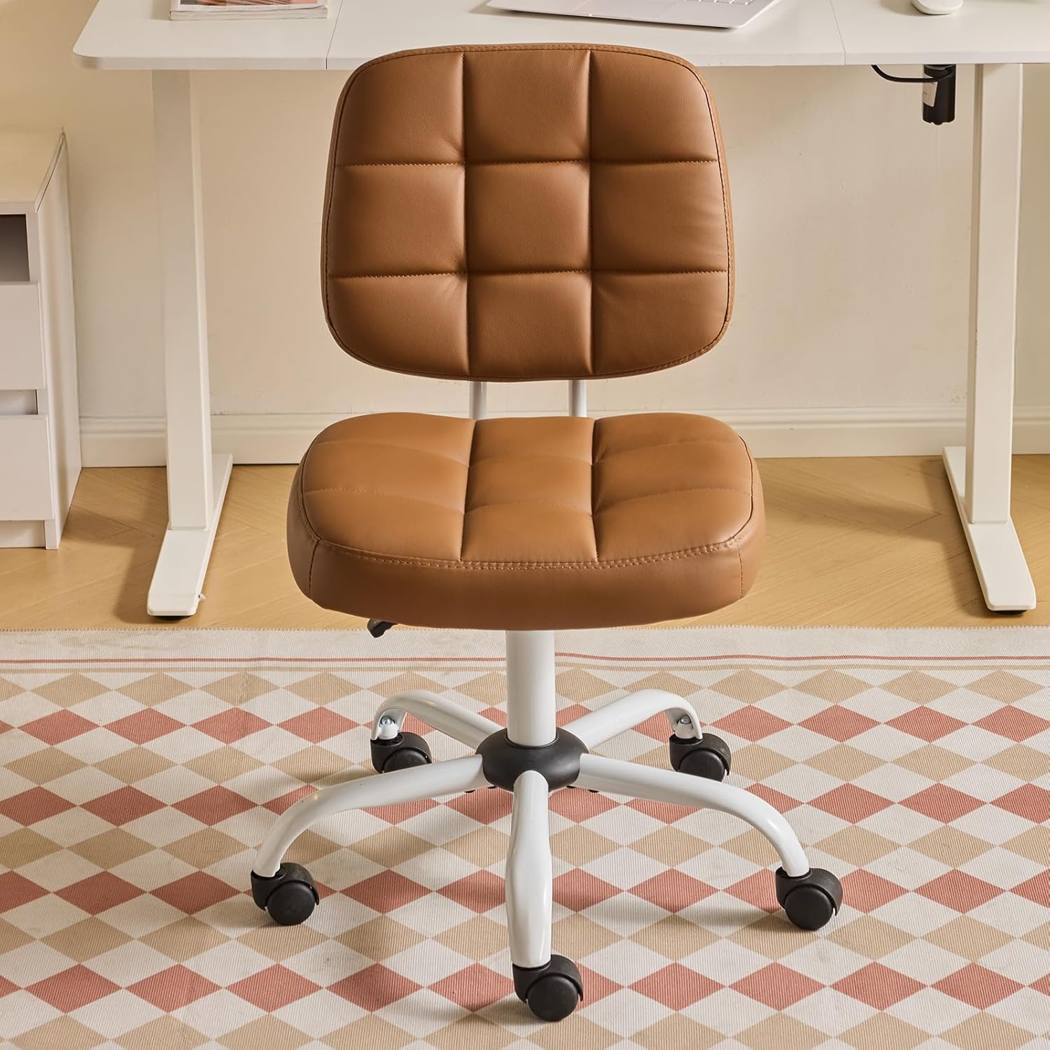 Image of Bonnlo Office Chair Without Armrest, Small Comfortable Desk Chair With Wheels, Height-adjustable Swivel Chair For Office, Bedroom, Study, Leather Makeup Chair, Brown/grey/black/green/white