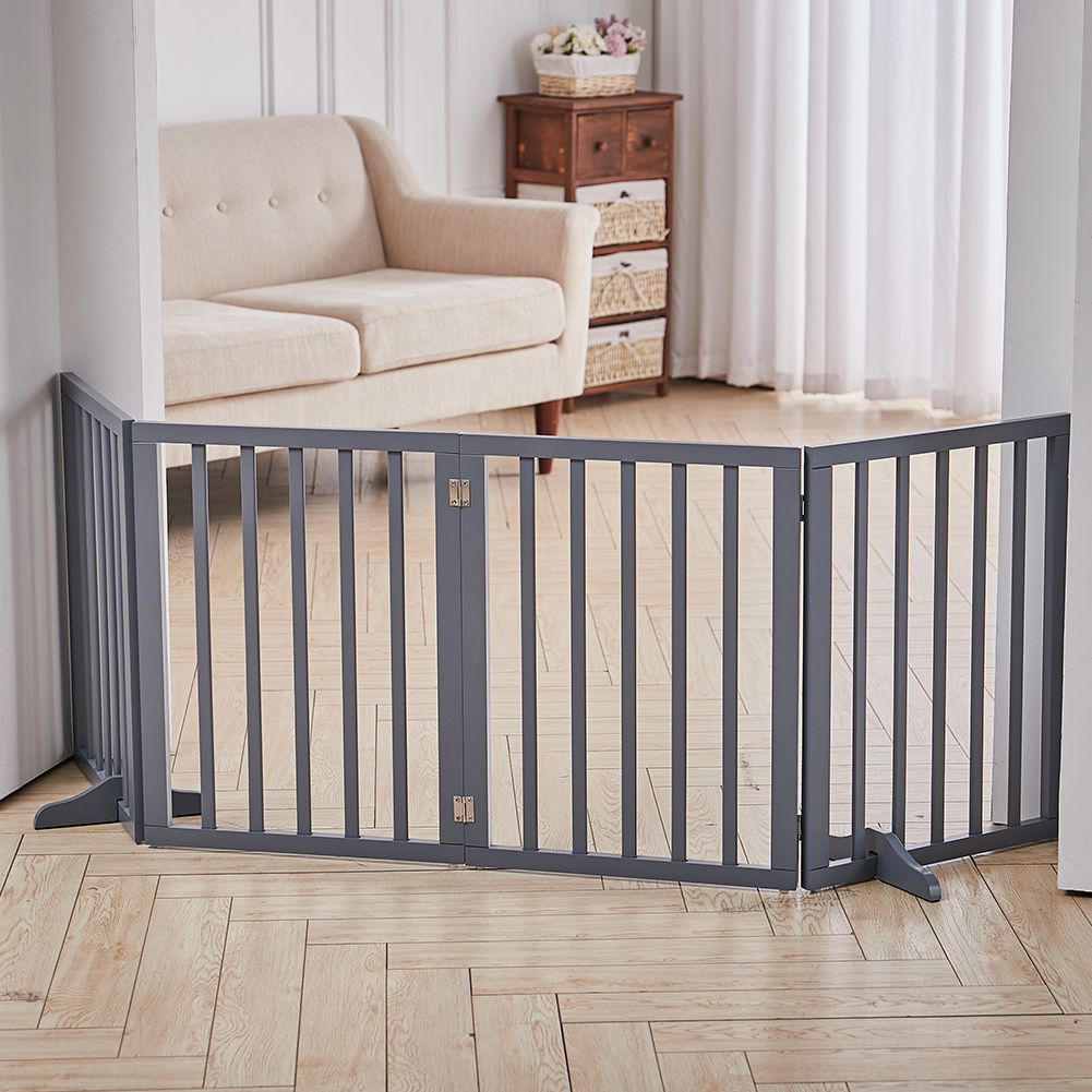 Wood Dog Gates For The House Extra Wide, 3/4-panel Freestanding Pet Gates With 4pcs Stands For Doorways And Stairs Foldable Dog Fences Indoor White/grey