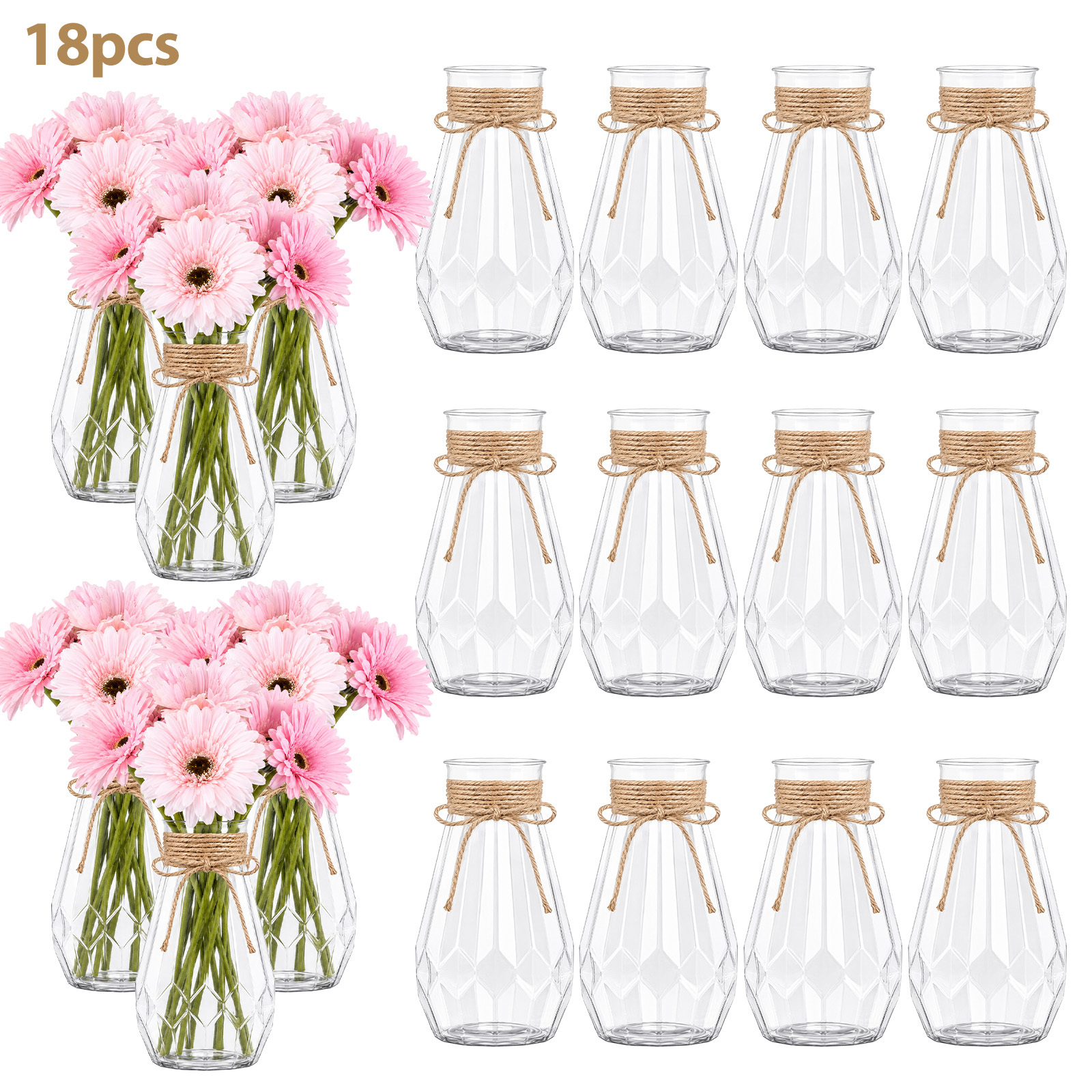 Image of 18pcs Set: High-quality Plastic Vases In Diamond Look With Hemp Rope Decor - Handmade Base For Flower Arrangements And Diy Bouquets, Ideal For Festive Living Room Design.