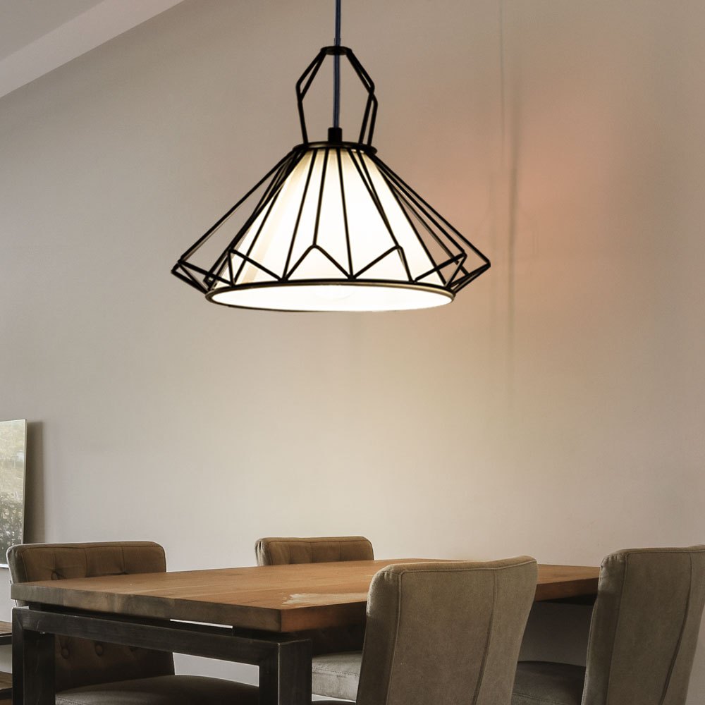 Suspension Lamp Textile White Dining Room Lamp Hanging Pendant Lamp Grid Black, Metal, 1x E27 Socket, Dxh 40x120 Cm