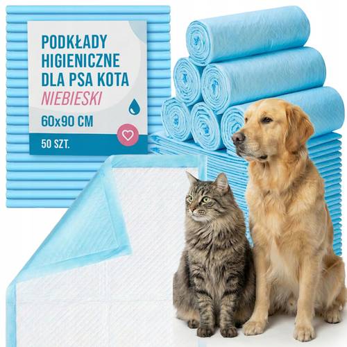 hygienic pads for dogs and cats, 50pcs set, large size 60 × 90 cm, blue color, designed for potty training, able and absorbent, high moisture absorption capacity, thick layers providing and floor protection, hypoallergenic and safe for pets, ideal for puppies, senior pets, travel, transport, or recovery, as bed and sofa protection, universal use at home or apartment.