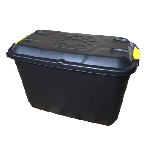 item picture 110l heavy duty trunk on wheels sturdy lockable stackable and design storage chest with clips in black