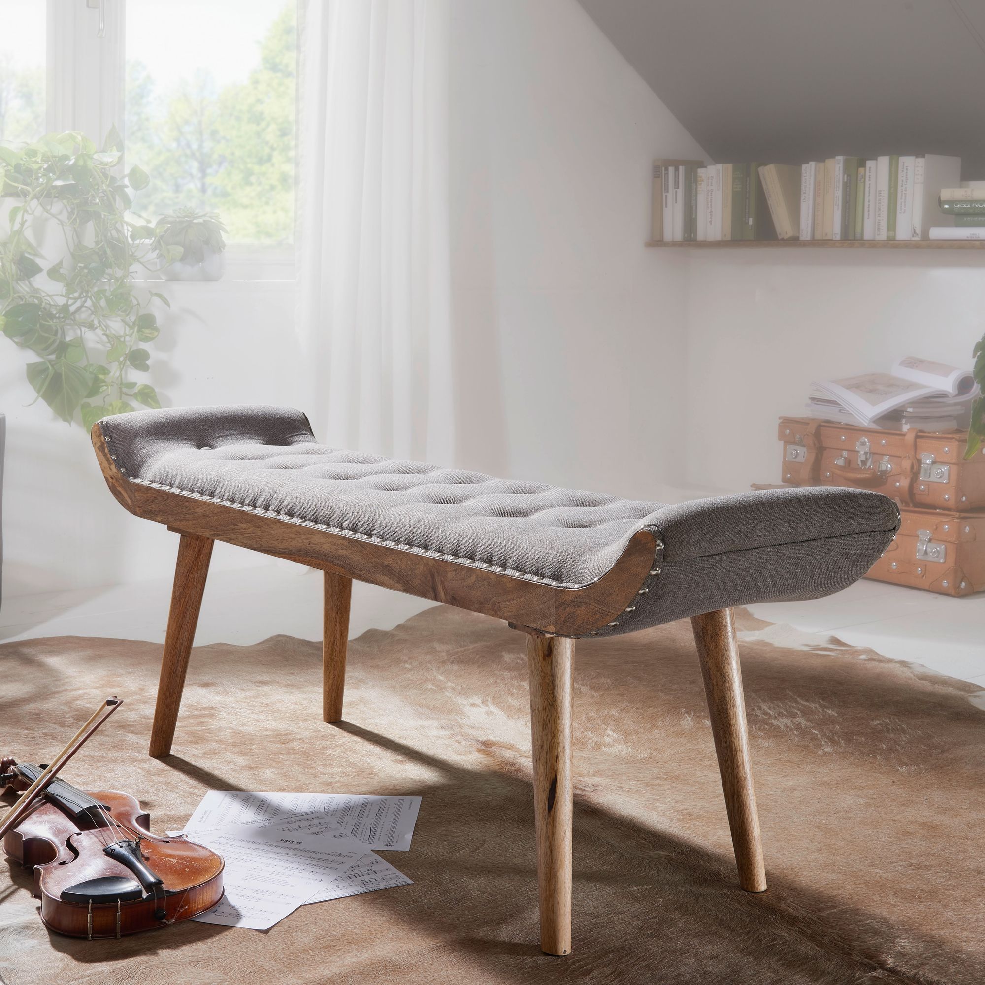 Fabric Bench / Solid Wood Bench Grey 125x51x38 Cm Chesterfield Design, Upholstered Bench Hallway, Fabric Bench Bed Bench 2 , Modern Hall Bench